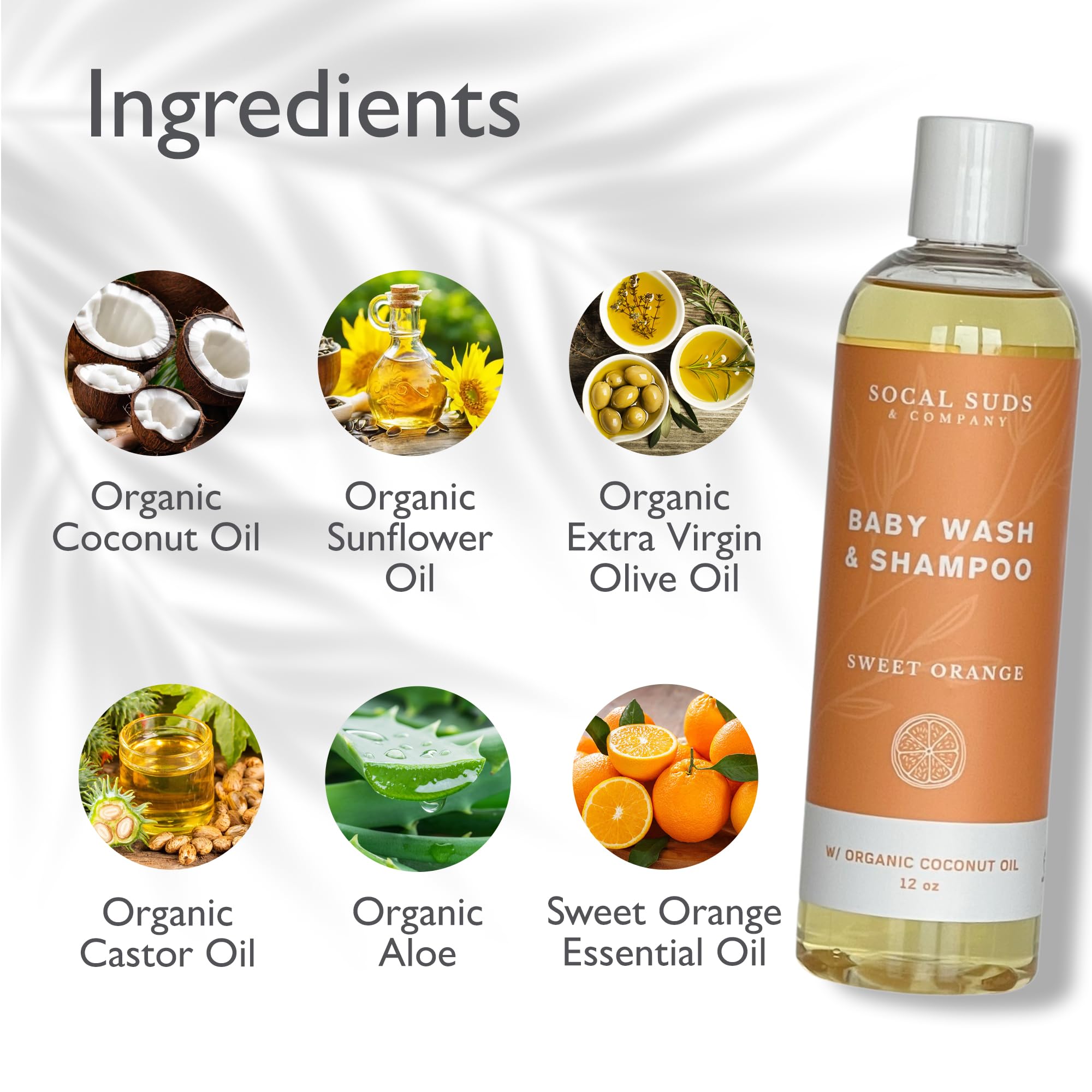 SoCal Suds & Company Baby Shampoo & Body Wash 2-in-1 Organic Gel - Gentle Castile Soap with Vitamin-Infused Oils & Botanicals - Natural Care for Sensitive Skin Hypoallergenic - 12oz Sweet Orange 2-Pack