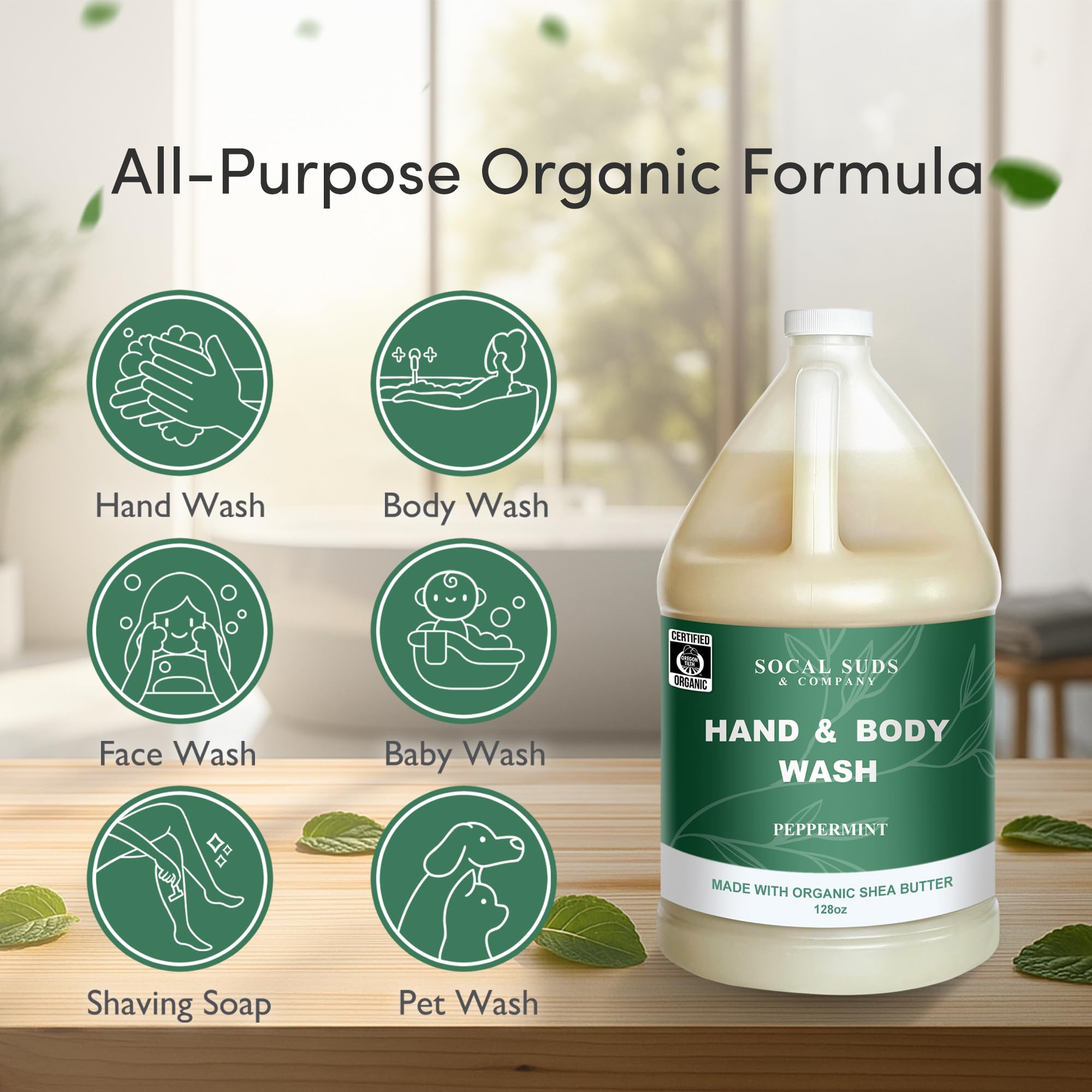 SoCal Suds & Company 128oz Certified Organic Hand & Body Wash w/ Shea Butter - Gentle Natural Body,Baby & Face Wash for Sensitive Skin, Moisturizing Thick Castile Soap, Hand Soap and More - Peppermint
