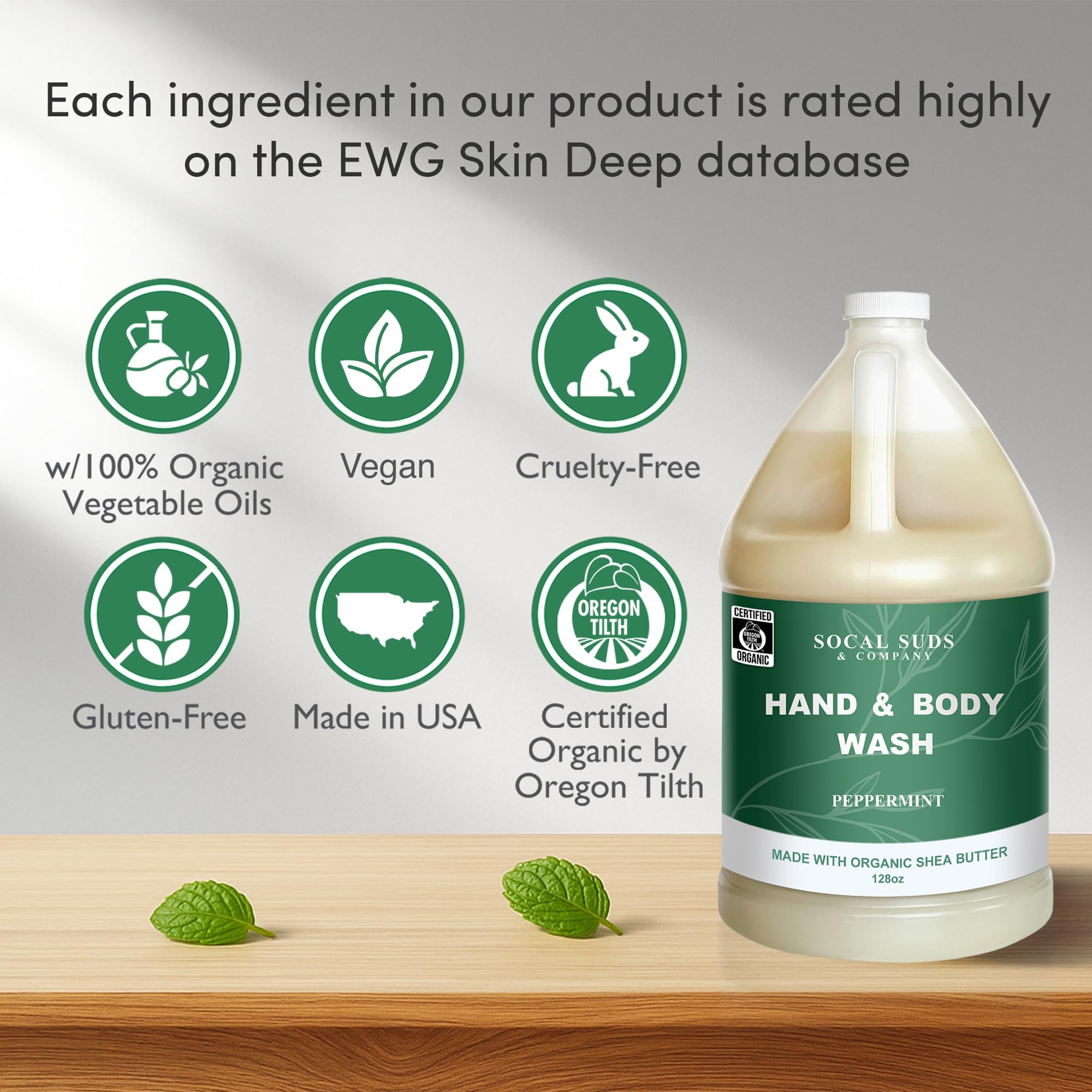 SoCal Suds & Company 128oz Certified Organic Hand & Body Wash w/ Shea Butter - Gentle Natural Body,Baby & Face Wash for Sensitive Skin, Moisturizing Thick Castile Soap, Hand Soap and More - Peppermint