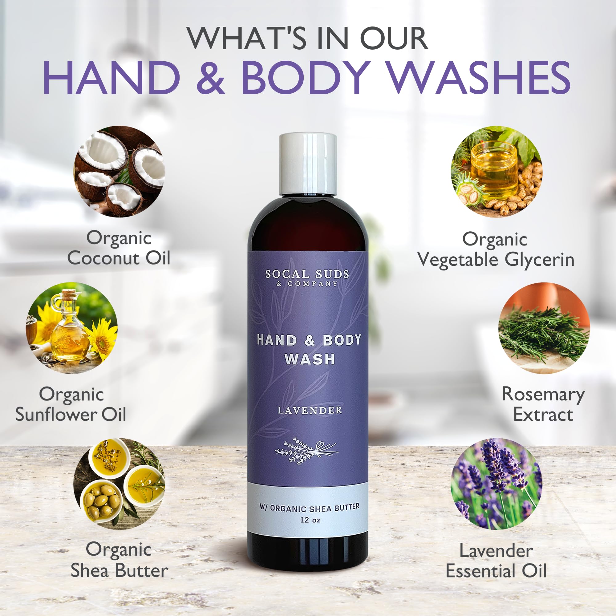 SoCal Suds & Company Organic Shea Butter Body Wash – Lavender Liquid Soap for Hand & Body, Moisturizing Shower Gel - Daily Body Wash for Women, Men & Unisex, Gentle Skin Care & Protection - (12oz)