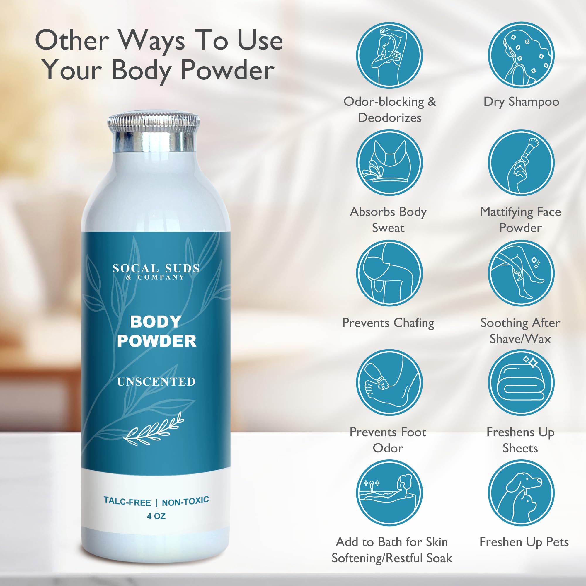 SoCal Suds & Company Natural Body Powder Talc-Free - with Arrowroot Powder, Kaolin, Aspen Bark Extract for Soft Soothing Delicate Skin - Fragrance Free, 4oz, 1-Pack