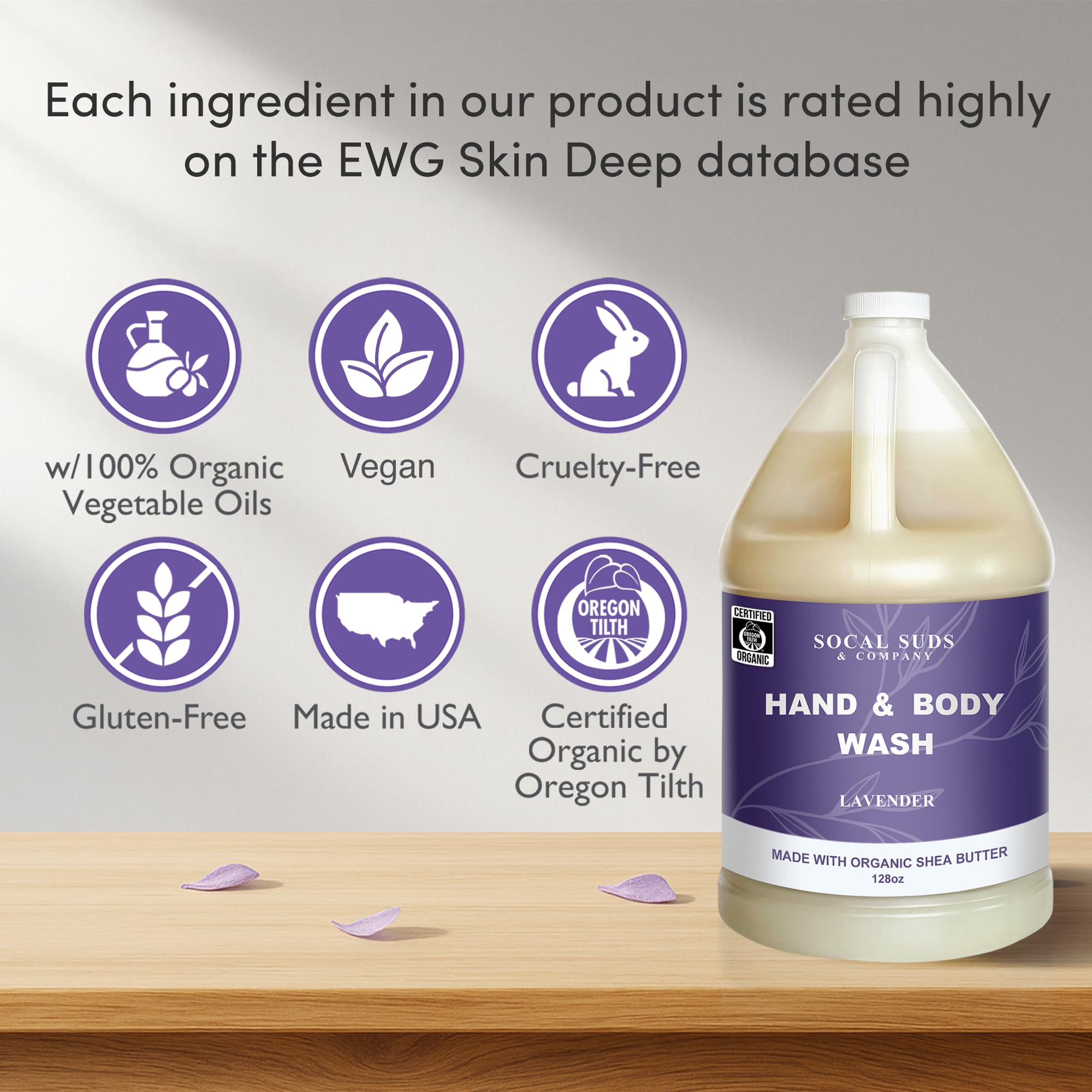 SoCal Suds & Company 128oz Certified Organic Hand & Body Wash w/ Shea Butter - Gentle Natural Body, Baby & Face Wash for Sensitive Skin - Moisturizing Thick Castile Soap, Hand Soap and More - Lavender