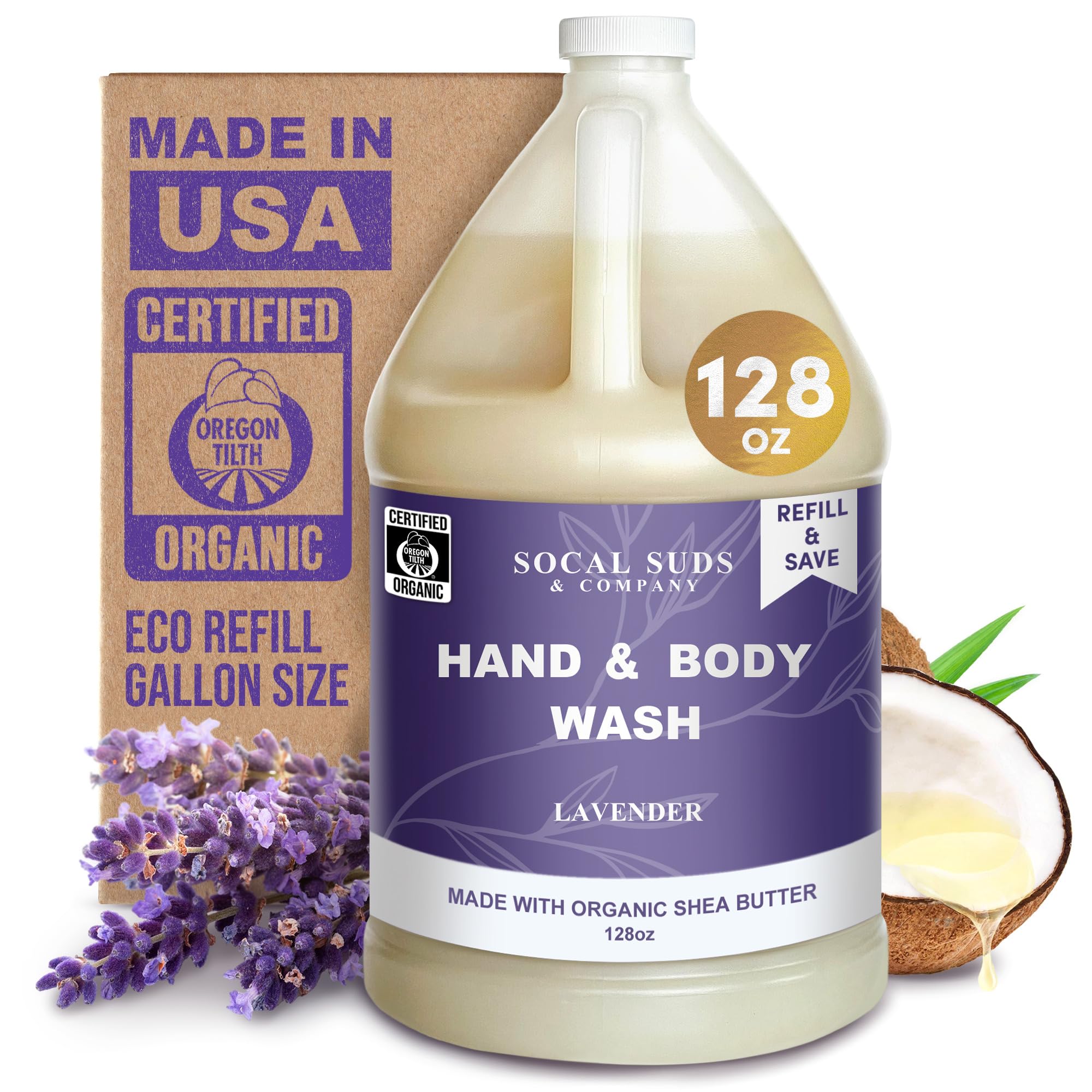 SoCal Suds & Company 128oz Certified Organic Hand & Body Wash w/ Shea Butter - Gentle Natural Body, Baby & Face Wash for Sensitive Skin - Moisturizing Thick Castile Soap, Hand Soap and More - Lavender