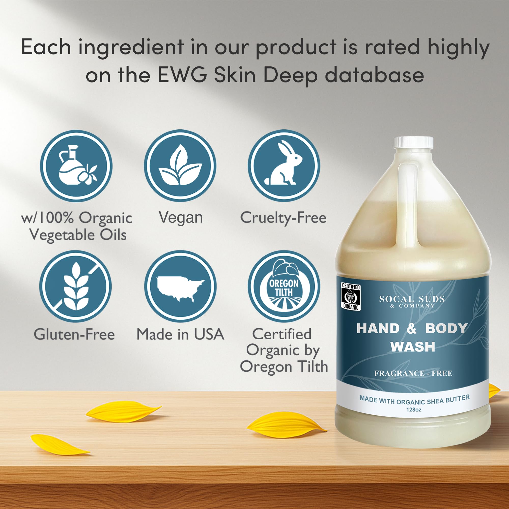 SoCal Suds & Company 128oz Certified Organic Hand & Body Wash w/ Shea Butter - Gentle Natural Body,Baby & Face Wash for Sensitive Skin, Moisturizing Thick Castile, Hand Soap and More - Fragrance Free