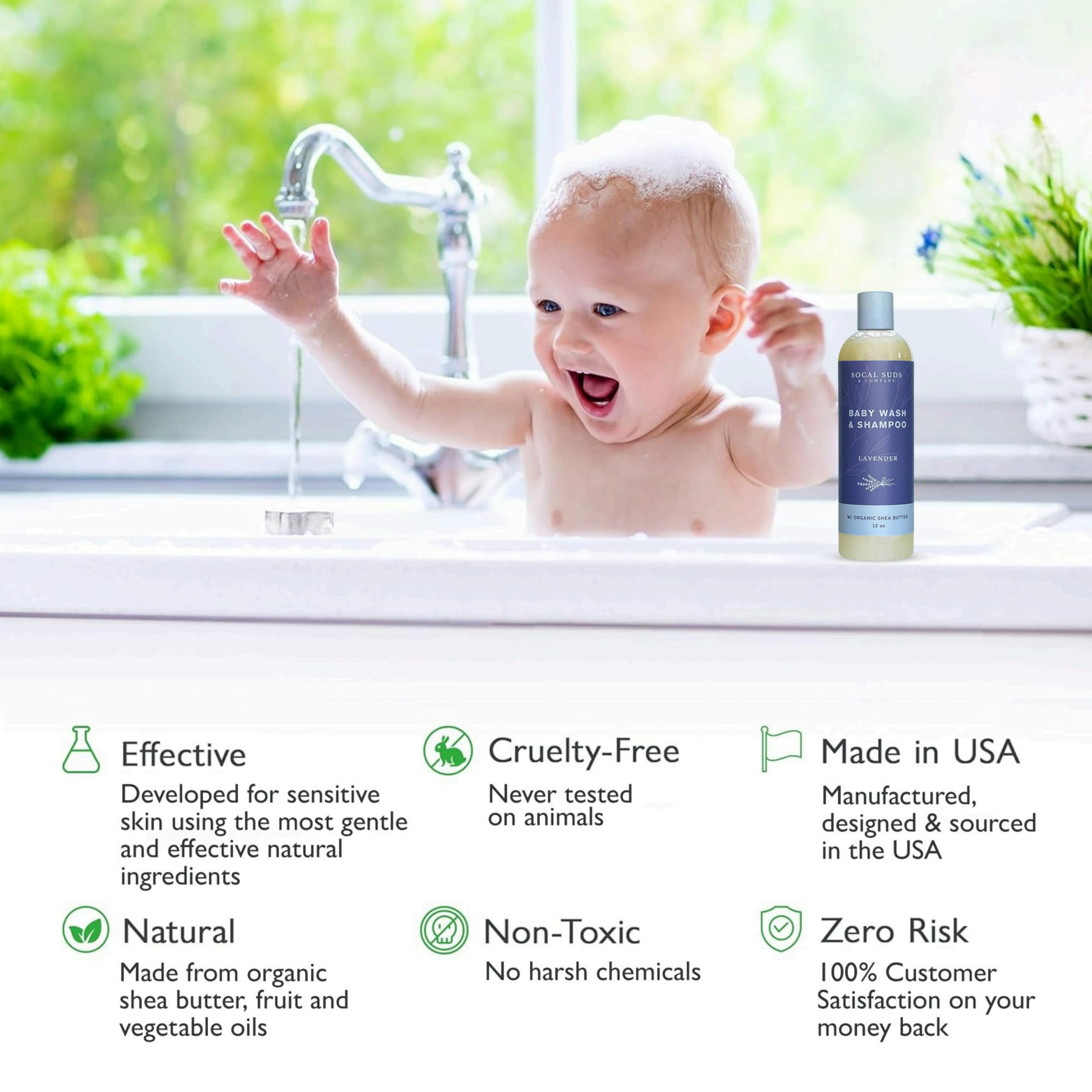 SoCal Suds & Company Baby Body Wash & Shampoo with Shea Moisture for Sensitive Skin, Bath & Hair Products for Toddlers & Babies, Natural Soap - 1 Pack Lavender 12oz Bottles