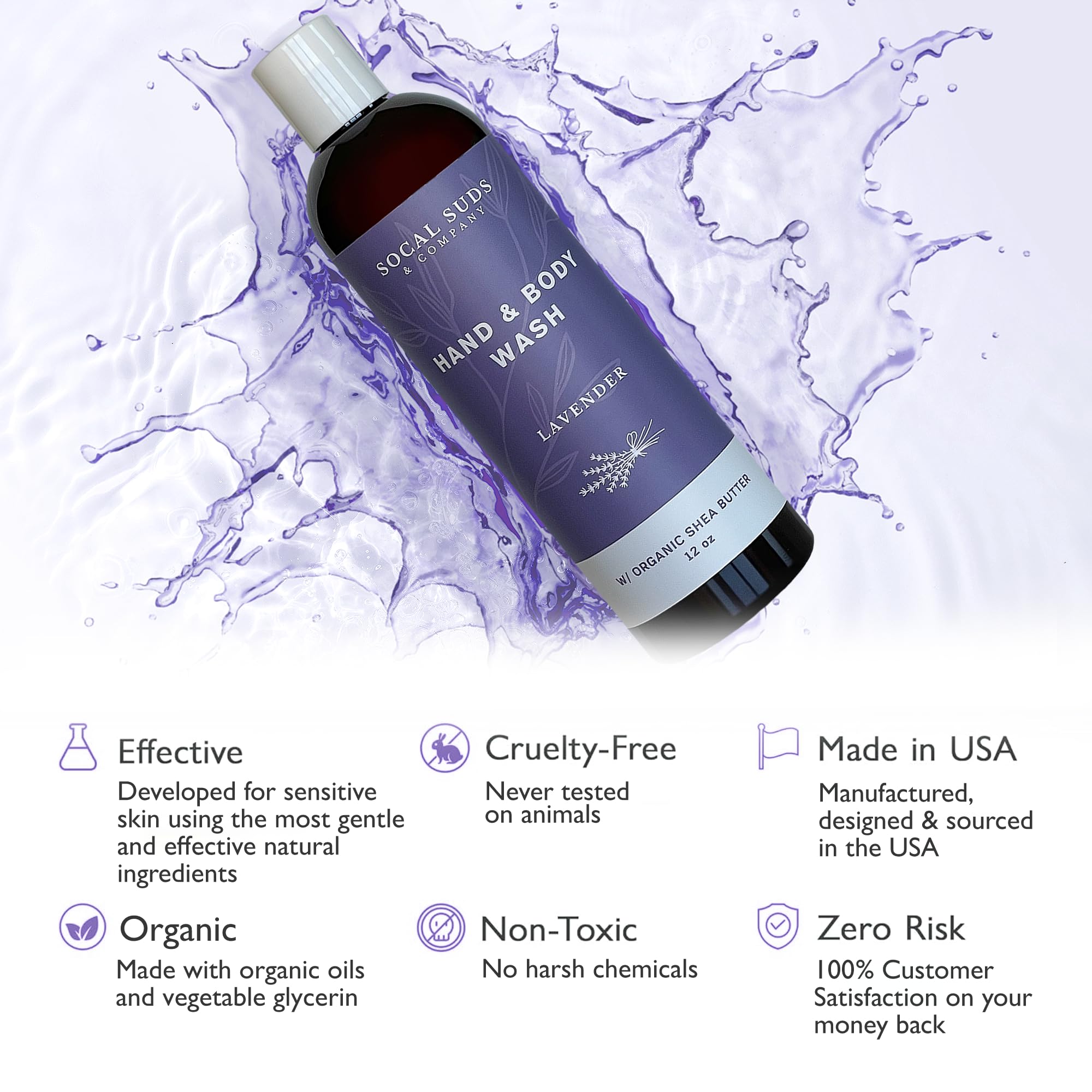 SoCal Suds & Company Organic Shea Butter Body Wash – Lavender Liquid Soap for Hand & Body, Moisturizing Shower Gel - Daily Body Wash for Women, Men & Unisex, Gentle Skin Care & Protection - (12oz)
