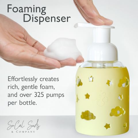 SoCal Suds &amp; Company Glass Bottle Foaming Soap Dispenser - Soft Grip Silicone Sleeve, Refillable Pump Bottle for Kids, Baby Wash &amp; Shampoo, Hand Soap Dispenser, Ideal for Home Use, Light Yellow 8oz