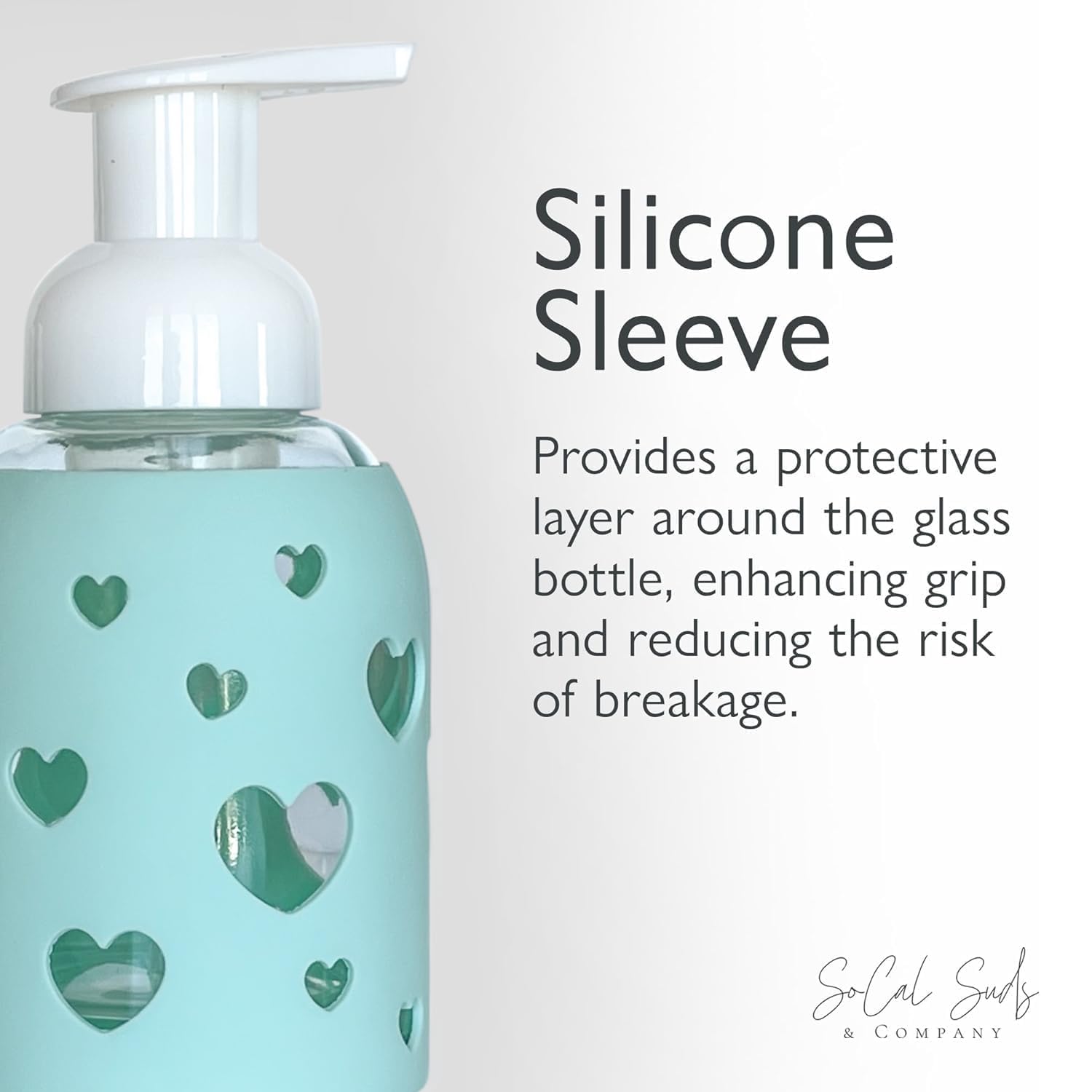 8oz Foaming Glass Bottle Dispenser w/Heart Silicone Sleeve  - Sea Glass