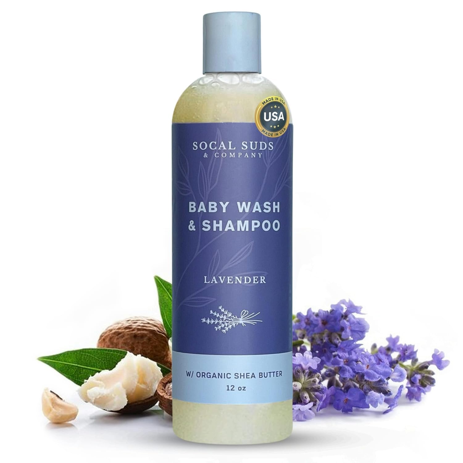 SoCal Suds & Company Baby Body Wash & Shampoo with Shea Moisture for Sensitive Skin, Bath & Hair Products for Toddlers & Babies, Natural Soap - 1 Pack Lavender 12oz Bottles