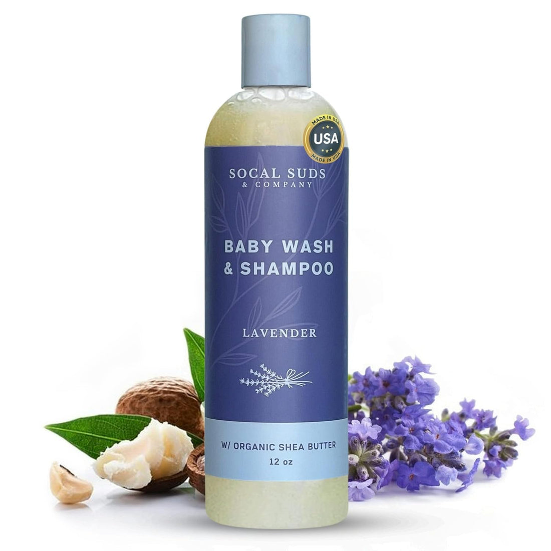 SoCal Suds &amp; Company Baby Body Wash &amp; Shampoo with Shea Moisture for Sensitive Skin, Bath &amp; Hair Products for Toddlers &amp; Babies, Natural Soap - 1 Pack Lavender 12oz Bottles