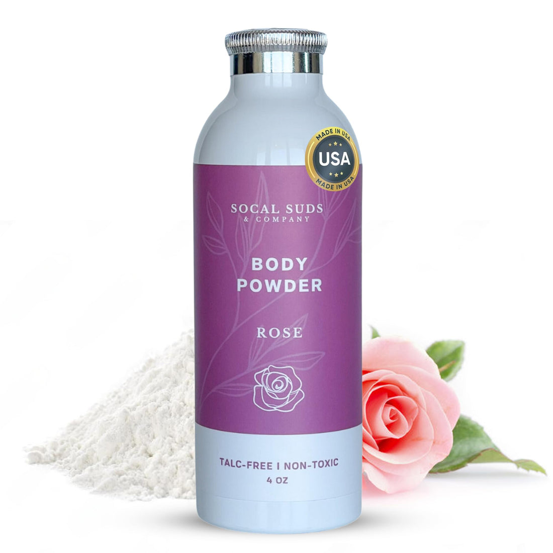 SoCal Suds &amp; Company Natural Body Powder Talc-Free - with Arrowroot Powder, Kaolin, Aspen Bark Extract for Soft Soothing Delicate Skin - Rose 4oz, 1-Pack