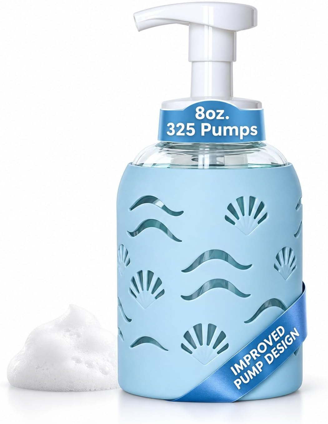 8oz Glass Foaming Soap Dispenser w/ Soft Silicone Sleeve- Seashells- Sea Foam