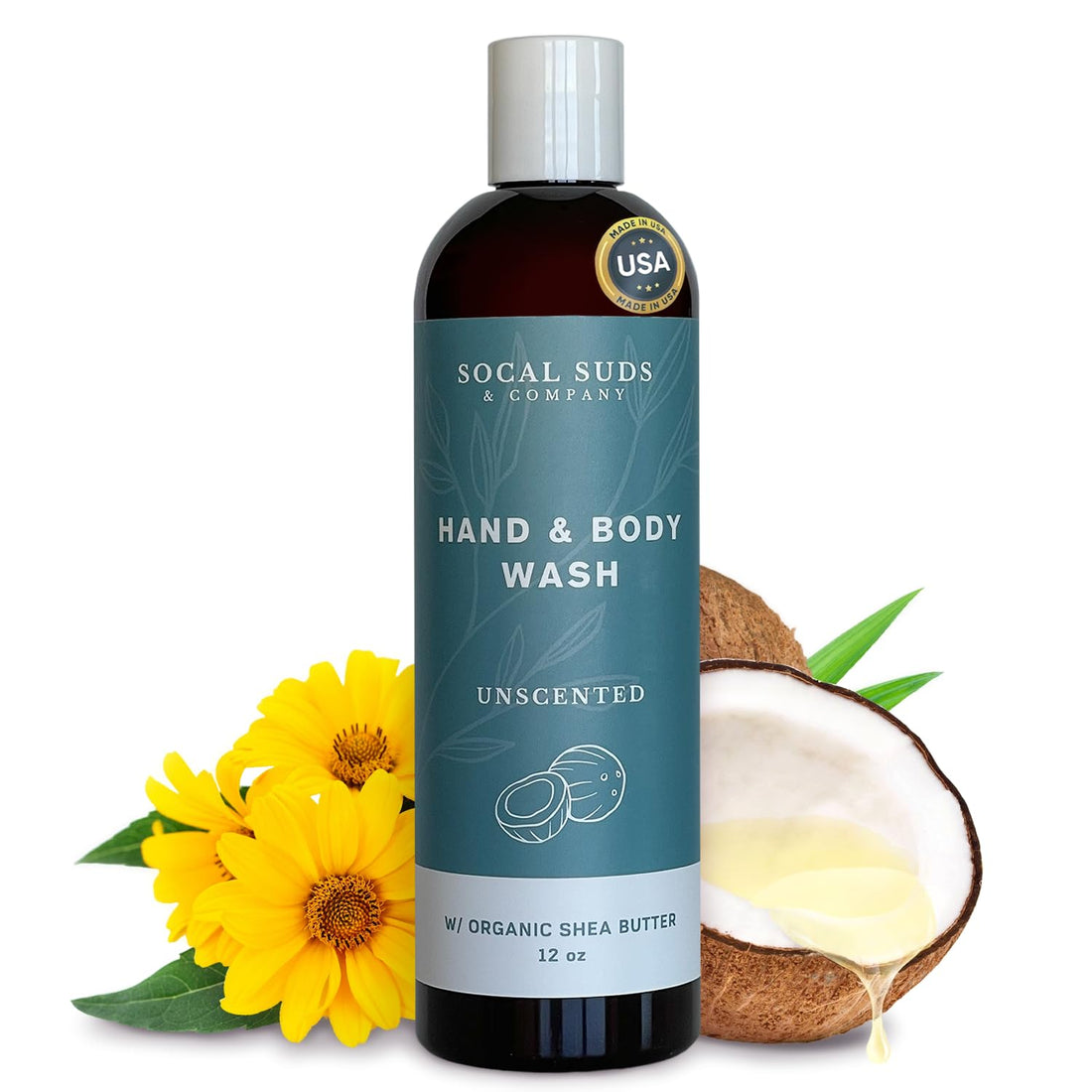 SoCal Suds &amp; Company Organic Shea Butter Body Wash – Fragrance Free Liquid Soap for Hand &amp; Body, Moisturizing Shower Gel, Body Wash for Women, Men &amp; Unisex, Gentle Skin Care &amp; Protection - (12oz)