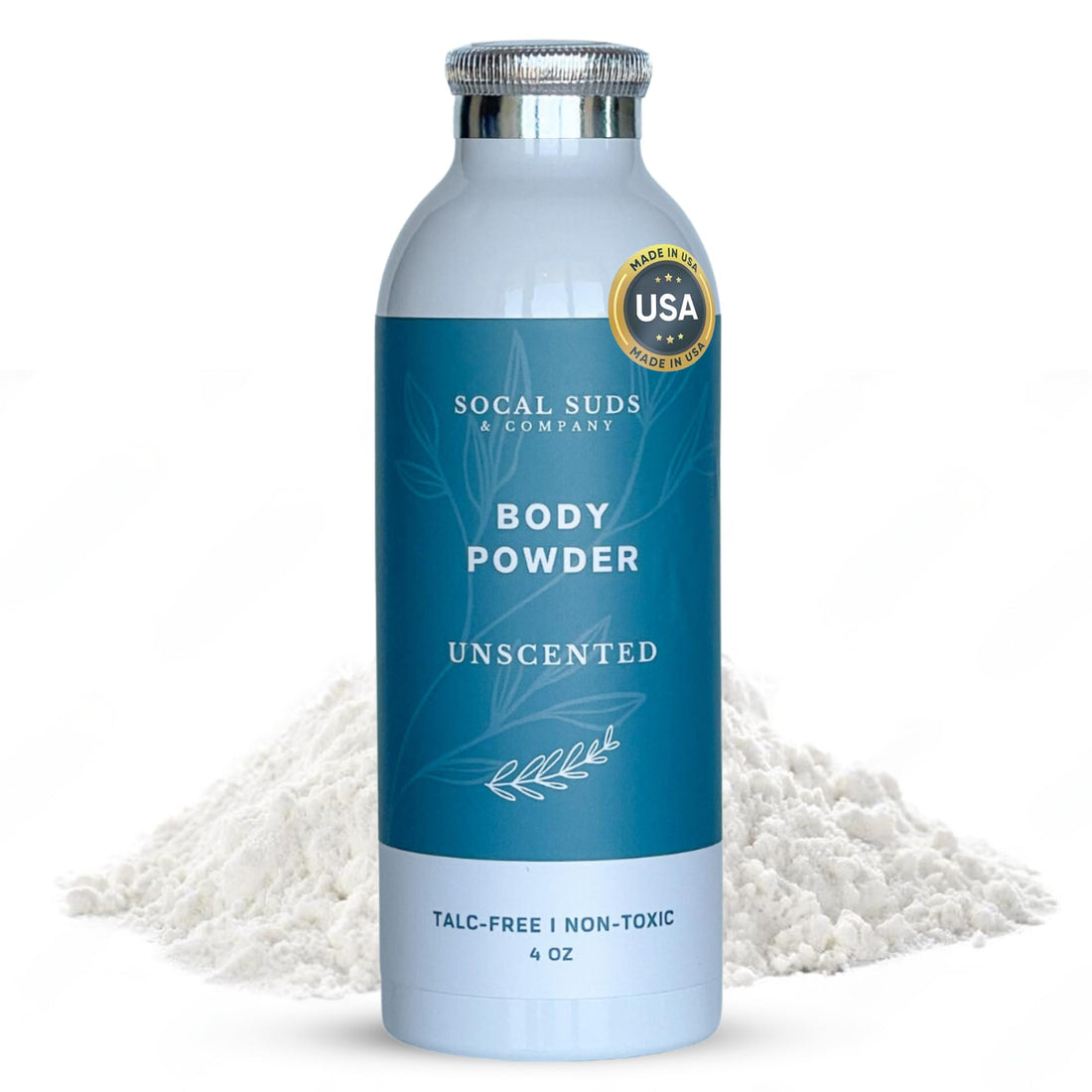 SoCal Suds &amp; Company Natural Body Powder Talc-Free - with Arrowroot Powder, Kaolin, Aspen Bark Extract for Soft Soothing Delicate Skin - Fragrance Free, 4oz, 1-Pack