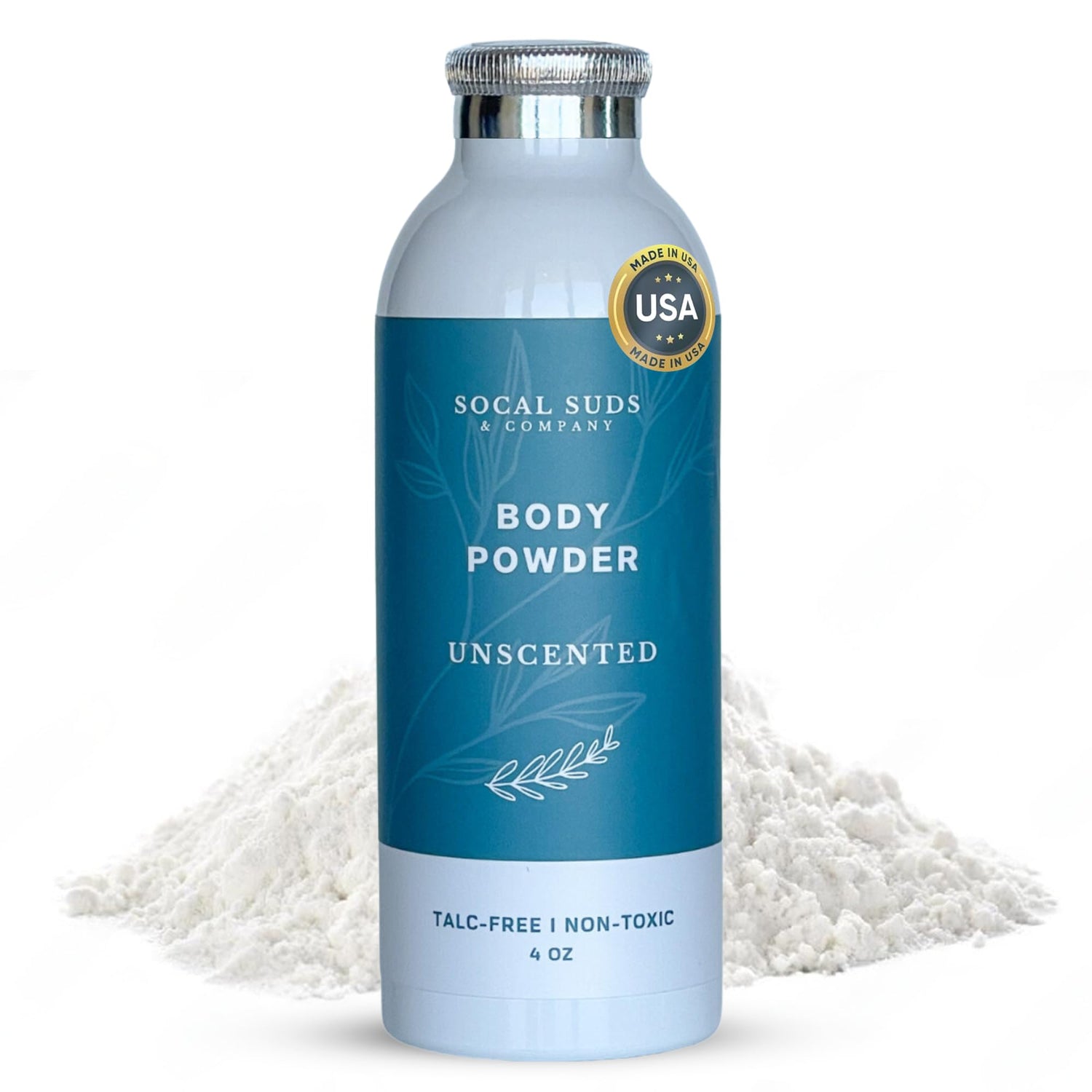 SoCal Suds &amp; Company Natural Body Powder Talc-Free - with Arrowroot Powder, Kaolin, Aspen Bark Extract for Soft Soothing Delicate Skin - Fragrance Free, 4oz, 1-Pack