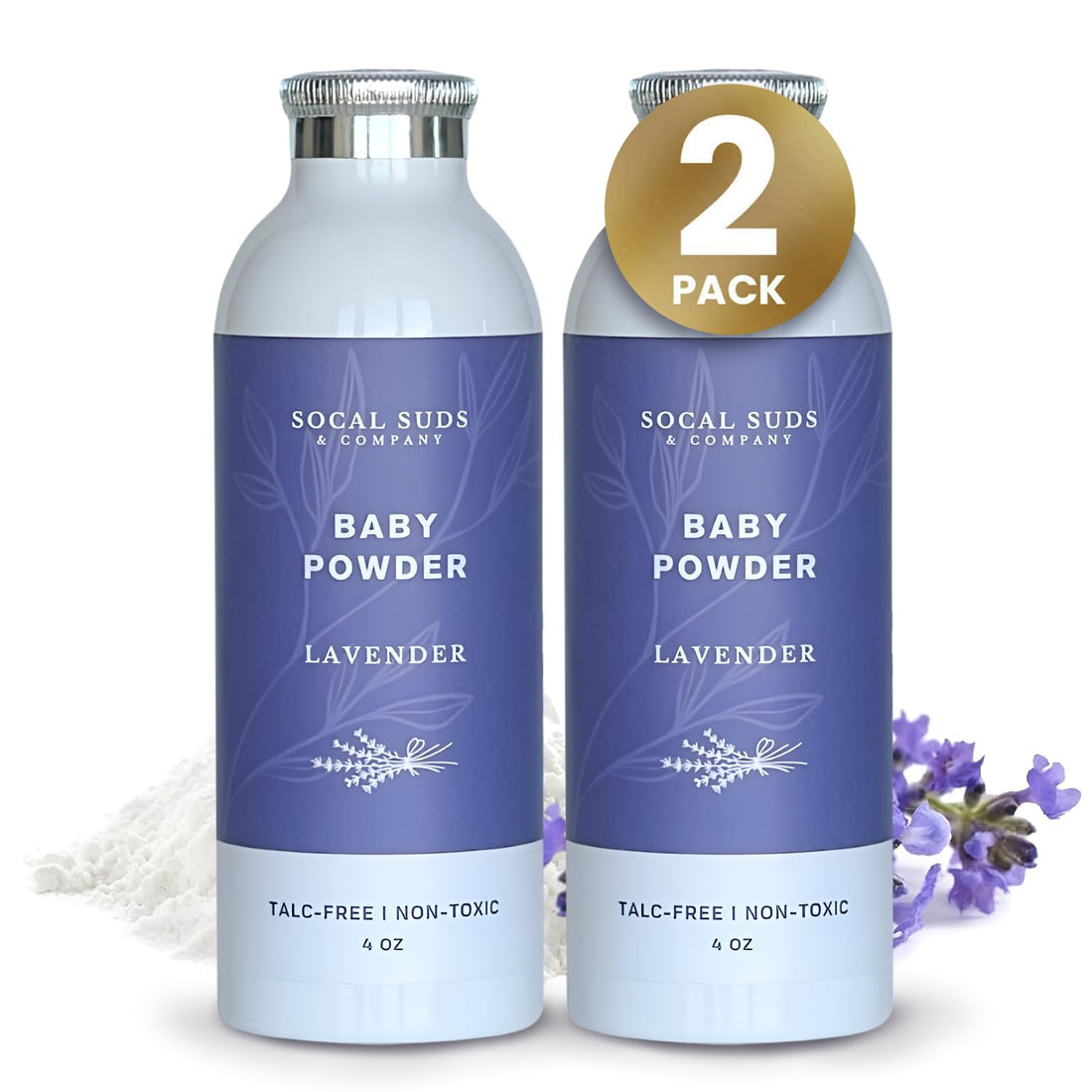 SoCal Suds &amp; Company Natural Baby Powder Talc-Free - with Arrowroot Powder, Kaolin, Aspen Bark Extract for Soft Soothing Protected Skin - Gentle Absorption - Lavender, 4oz, 2-Pack