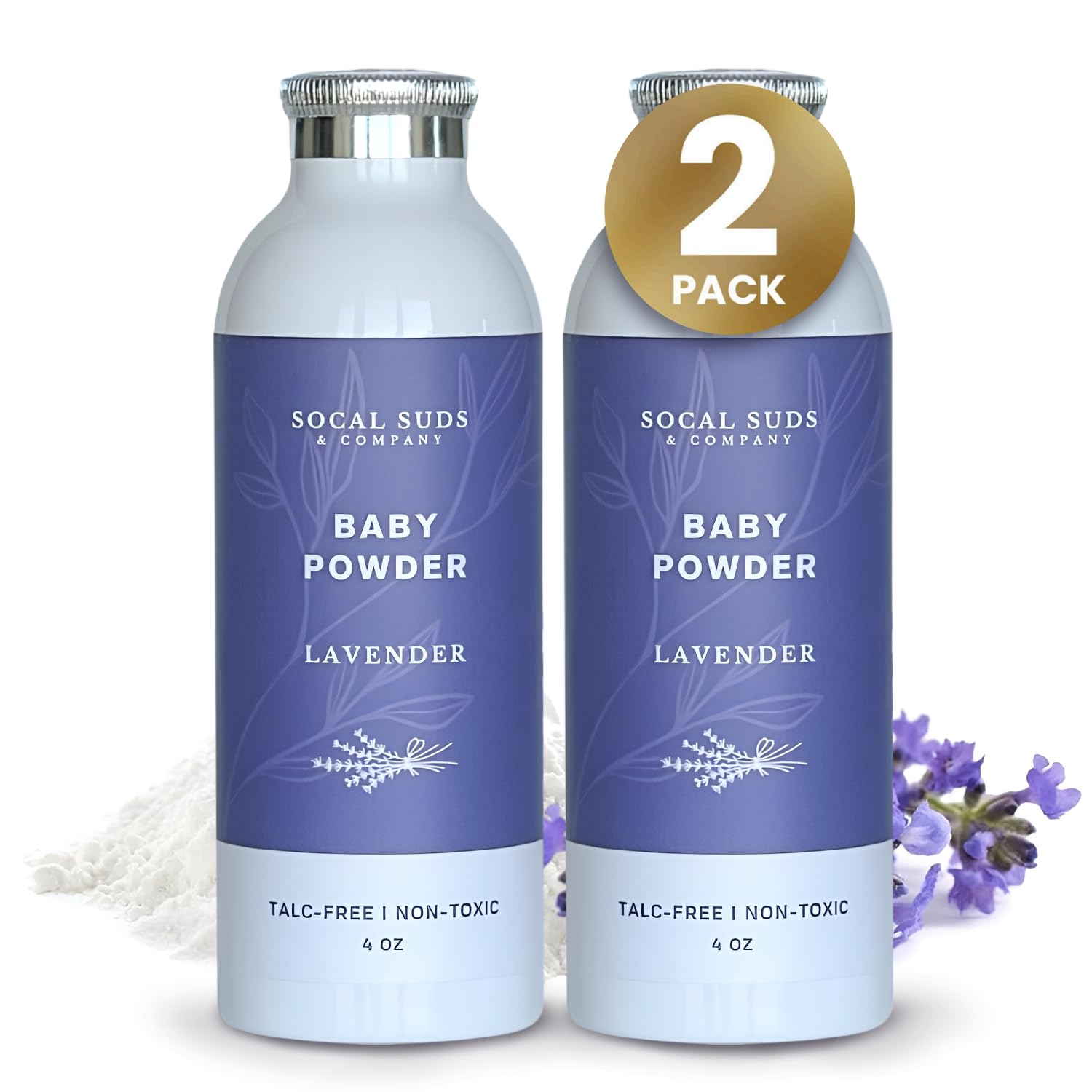 SoCal Suds &amp; Company Natural Baby Powder Talc-Free - with Arrowroot Powder, Kaolin, Aspen Bark Extract for Soft Soothing Protected Skin - Gentle Absorption - Lavender, 4oz, 2-Pack