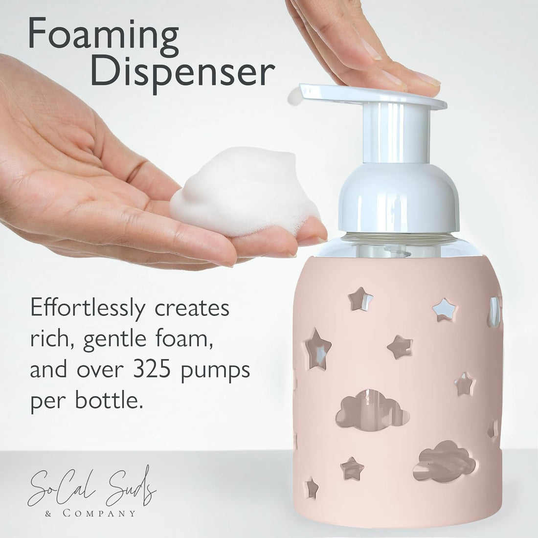 SoCal Suds &amp; Company Glass Bottle Foaming Soap Dispenser - Soft Grip Silicone Sleeve, Refillable Pump Bottle for Kids, Baby Wash &amp; Shampoo, Hand Soap Dispenser, Ideal for Home Use, Light Pink 8oz