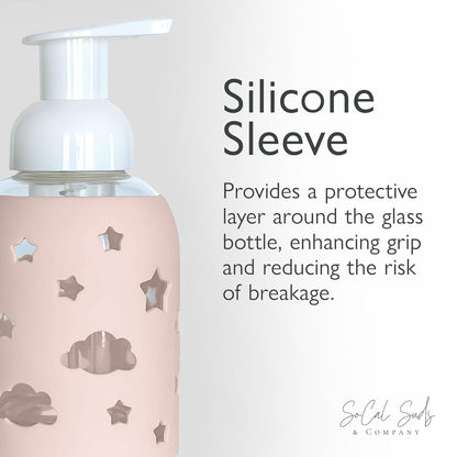 SoCal Suds &amp; Company Glass Bottle Foaming Soap Dispenser - Soft Grip Silicone Sleeve, Refillable Pump Bottle for Kids, Baby Wash &amp; Shampoo, Hand Soap Dispenser, Ideal for Home Use, Light Pink 8oz