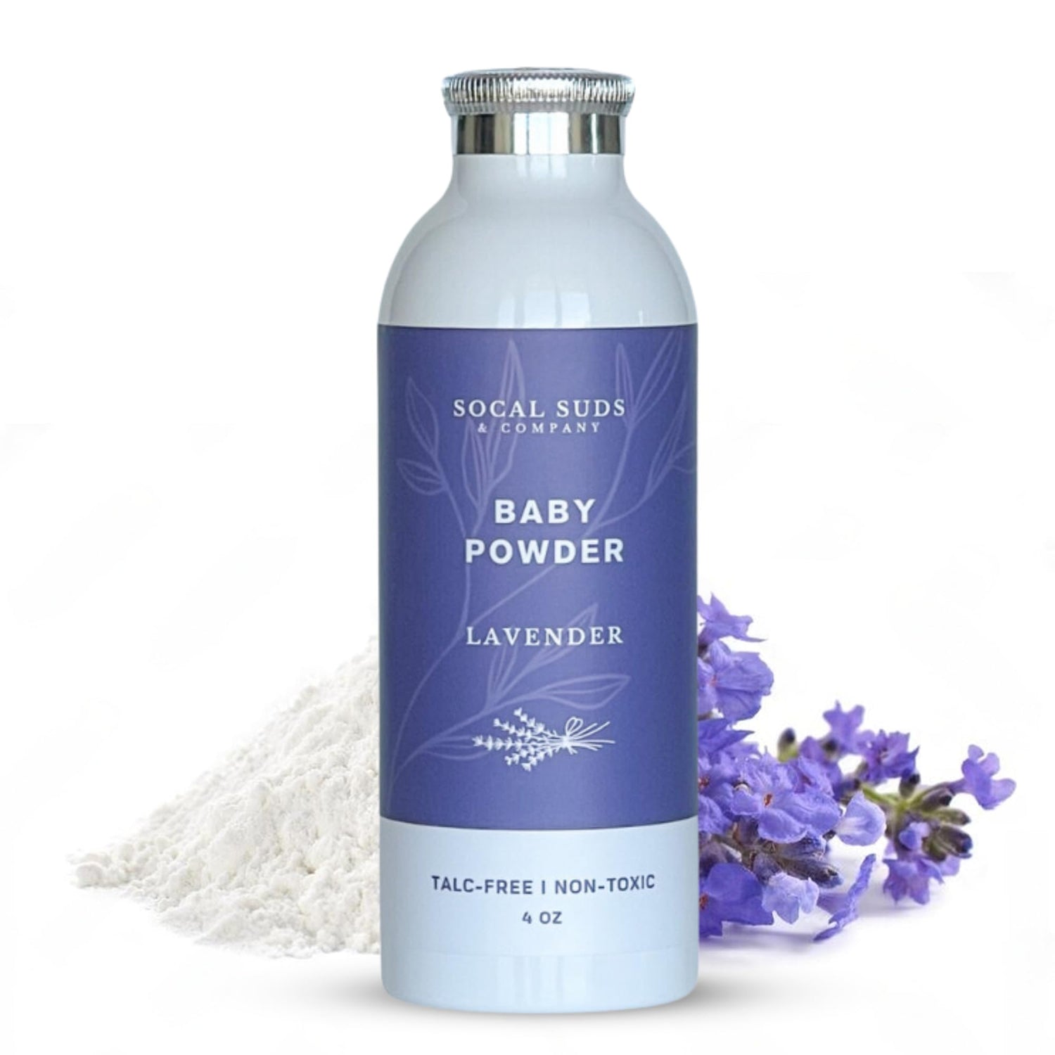 SoCal Suds &amp; Company Natural Baby Powder Talc-Free Newborn Essentials - with Arrowroot Powder, Kaolin, Aspen Bark Extract for Soft Soothing Protected Skin - Gentle Absorption - Lavender, 4oz