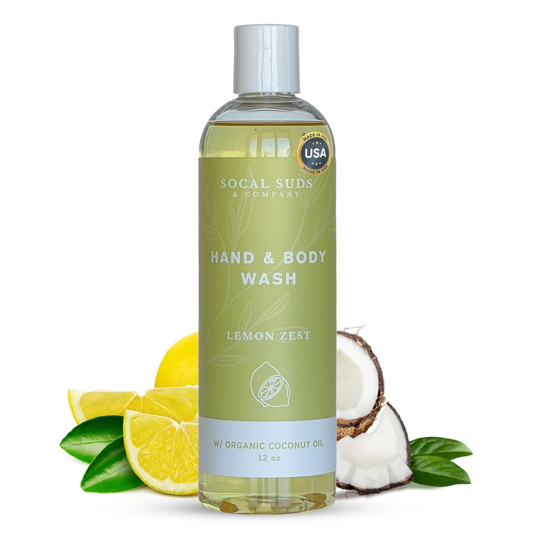 SoCal Suds &amp; Company 12oz Organic Soap Liquid, Gentle Hand &amp; Body Wash - Organic Body Wash for Men and Women, Made w/Organic Oils &amp; Coconut Oil, Bath Essentials for All Skin Types - Lemon Zest
