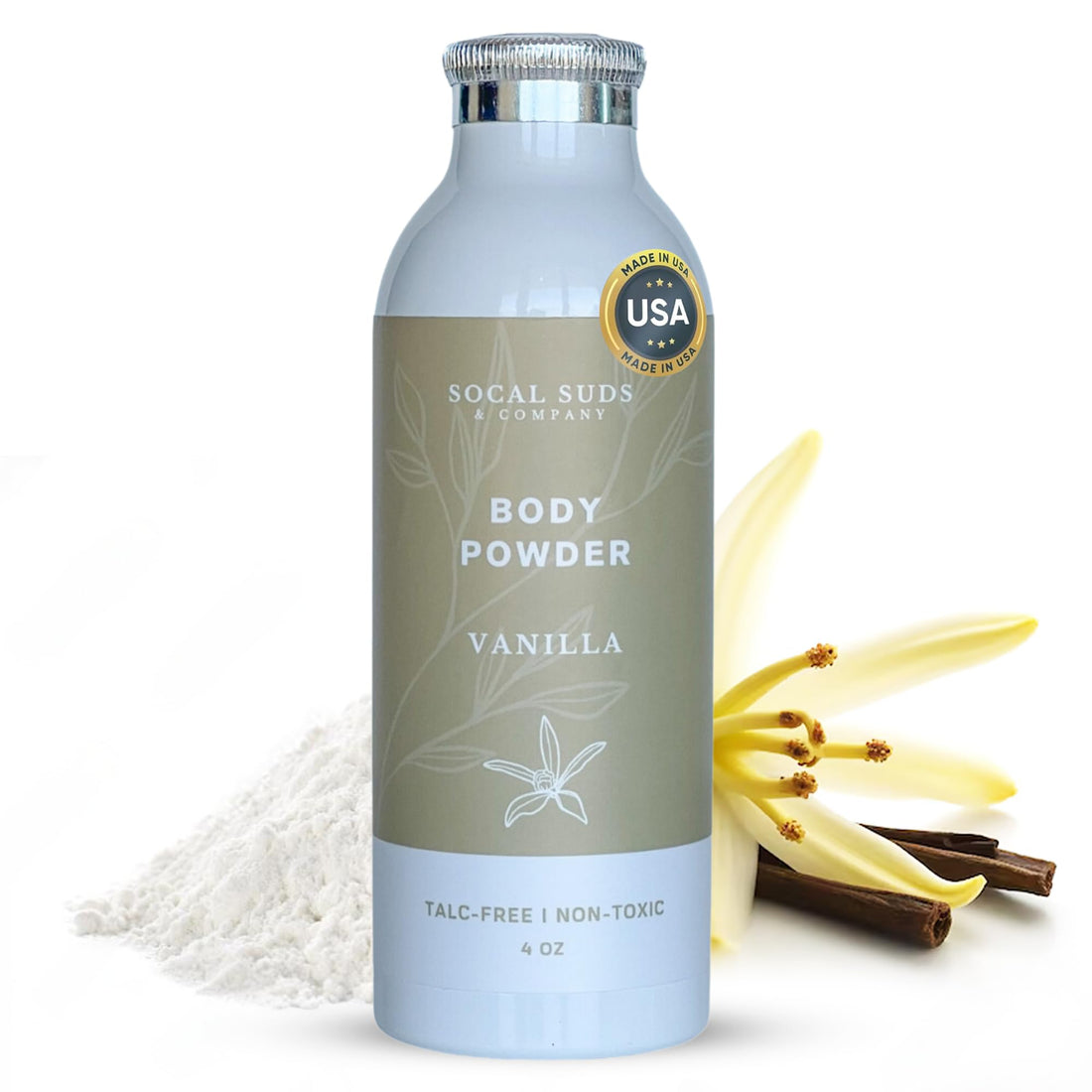 SoCal Suds &amp; Company Natural Body Powder Talc-Free - with Arrowroot Powder, Kaolin, Aspen Bark Extract for Soft Soothing Delicate Skin - Vanilla 4oz, 1-Pack