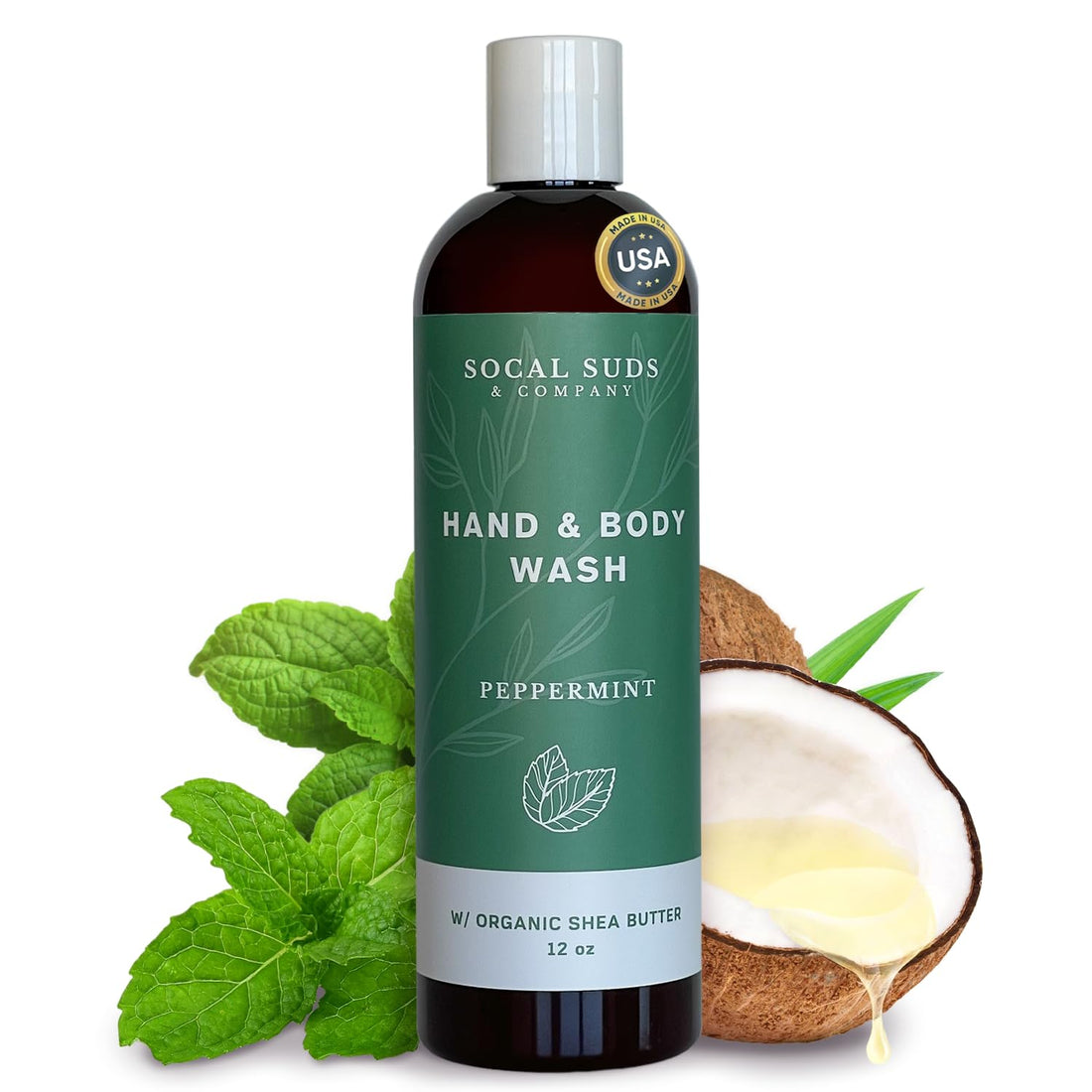 SoCal Suds &amp; Company Hand &amp; Body Wash Organic Shea Butter - Peppermint Scent - Liquid Soap - Daily Body Wash for Men and Women - Moisturizing Ingredients - Gentle Shower Gel - Non-Drying - 12oz