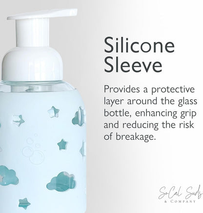 SoCal Suds &amp; Company Glass Bottle Foaming Soap Dispenser - Soft Grip Silicone Sleeve, Refillable Pump Bottle for Kids, Baby Wash &amp; Shampoo, Hand Soap Dispenser, Ideal for Home Use, Light Blue 8oz