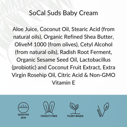 SoCal Suds &amp; Company Natural &amp; Organic Baby Cream - Gentle Moisturizing Cream for Infant Skin, Nourishing with Aloe, Shea Butter &amp; Coconut Oil, Tender Newborn Skincare - Fragrance Free, 8oz