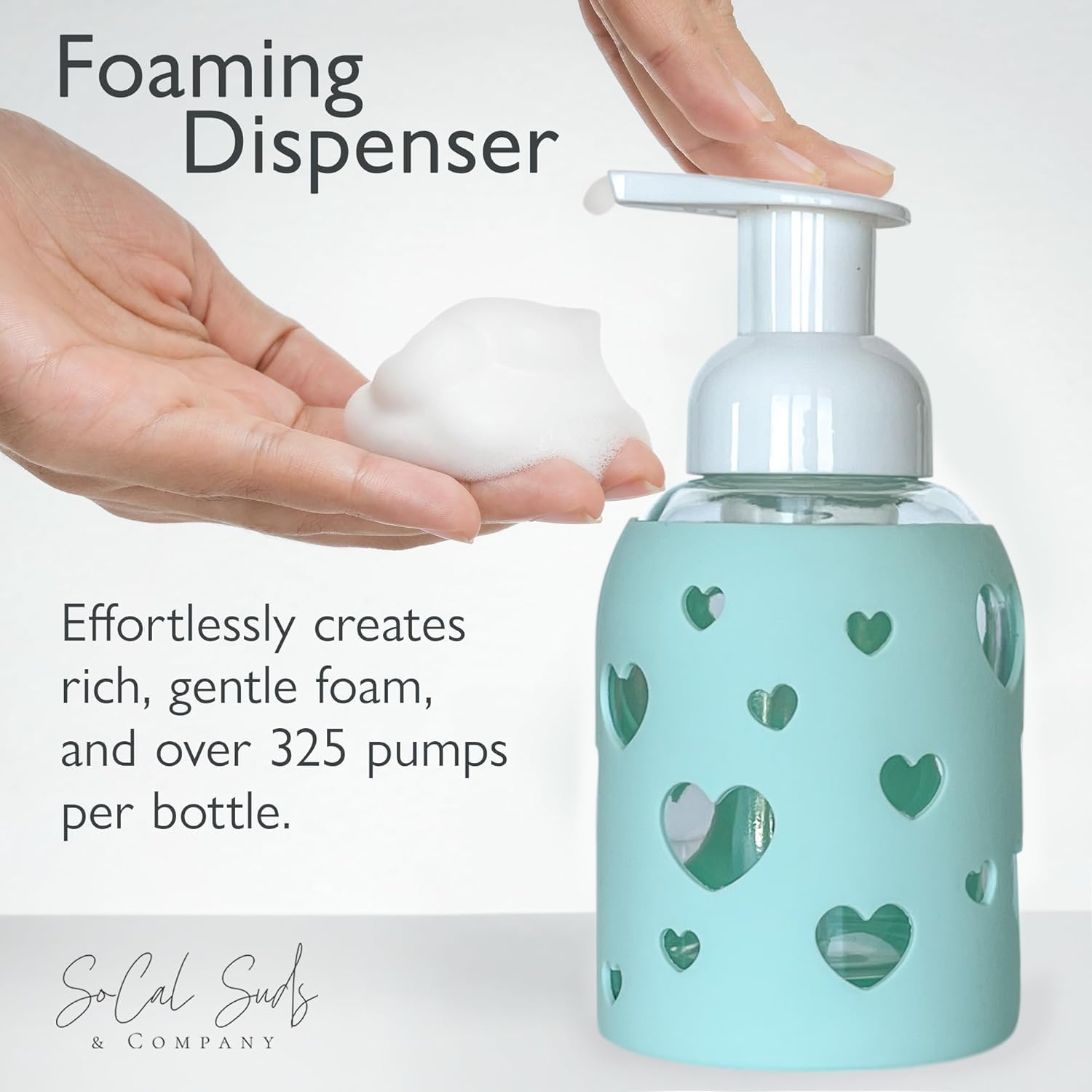 8oz Foaming Glass Bottle Dispenser w/Heart Silicone Sleeve  - Sea Glass