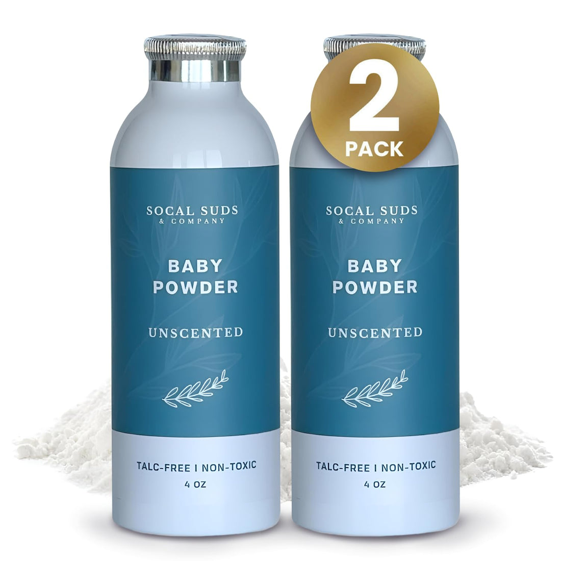 SoCal Suds &amp; Company Natural Baby Powder Talc-Free Formula - with Arrowroot, Kaolin, Aspen Bark Extract for Soft Soothing Sensitive Skin - Gentle Absorption - Fragrance Free, 4oz, 2-Pack
