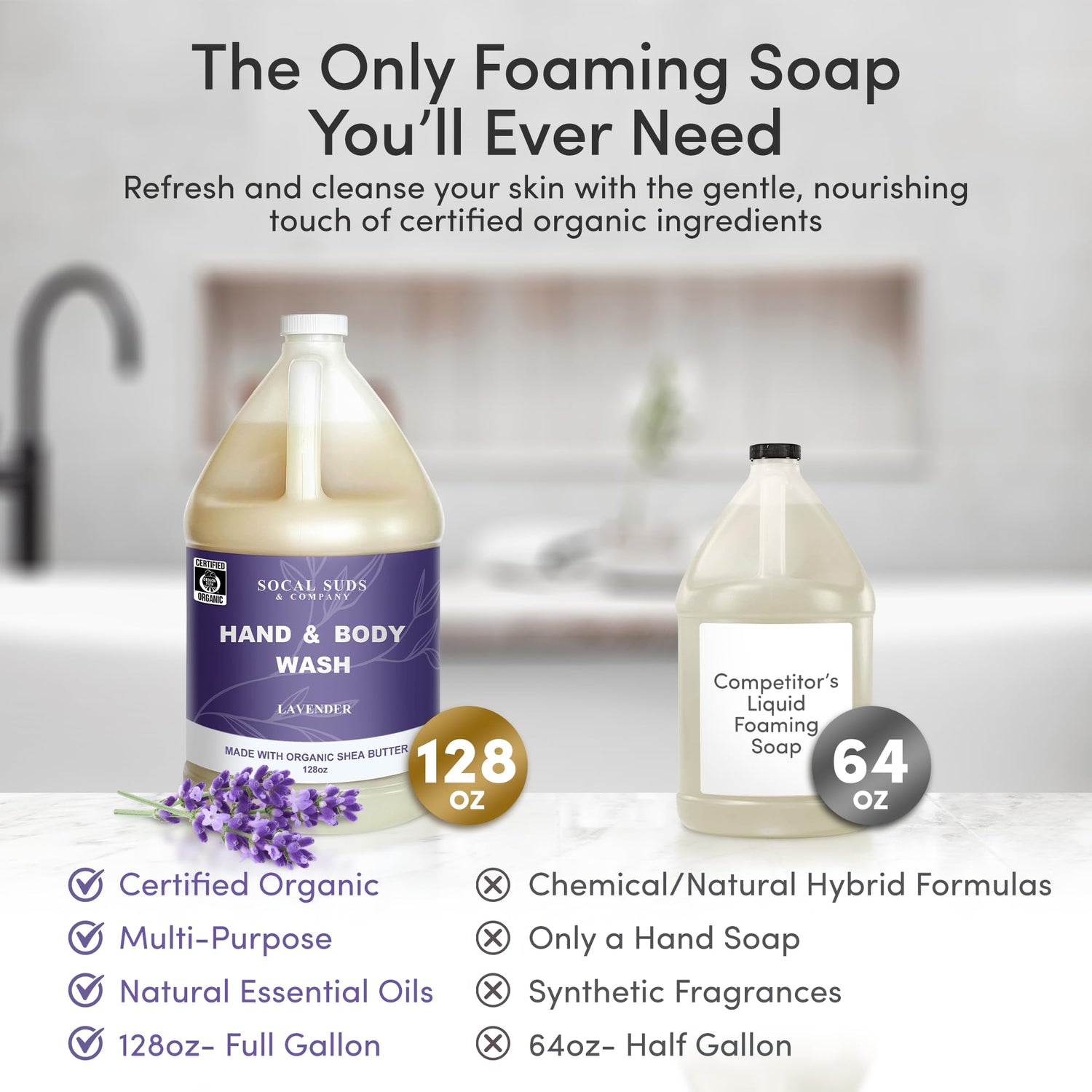 SoCal Suds &amp; Company 128oz Certified Organic Hand &amp; Body Wash w/ Shea Butter - Gentle Natural Body, Baby &amp; Face Wash for Sensitive Skin -  Moisturizing Thick Castile Soap, Hand Soap and More - Lavender