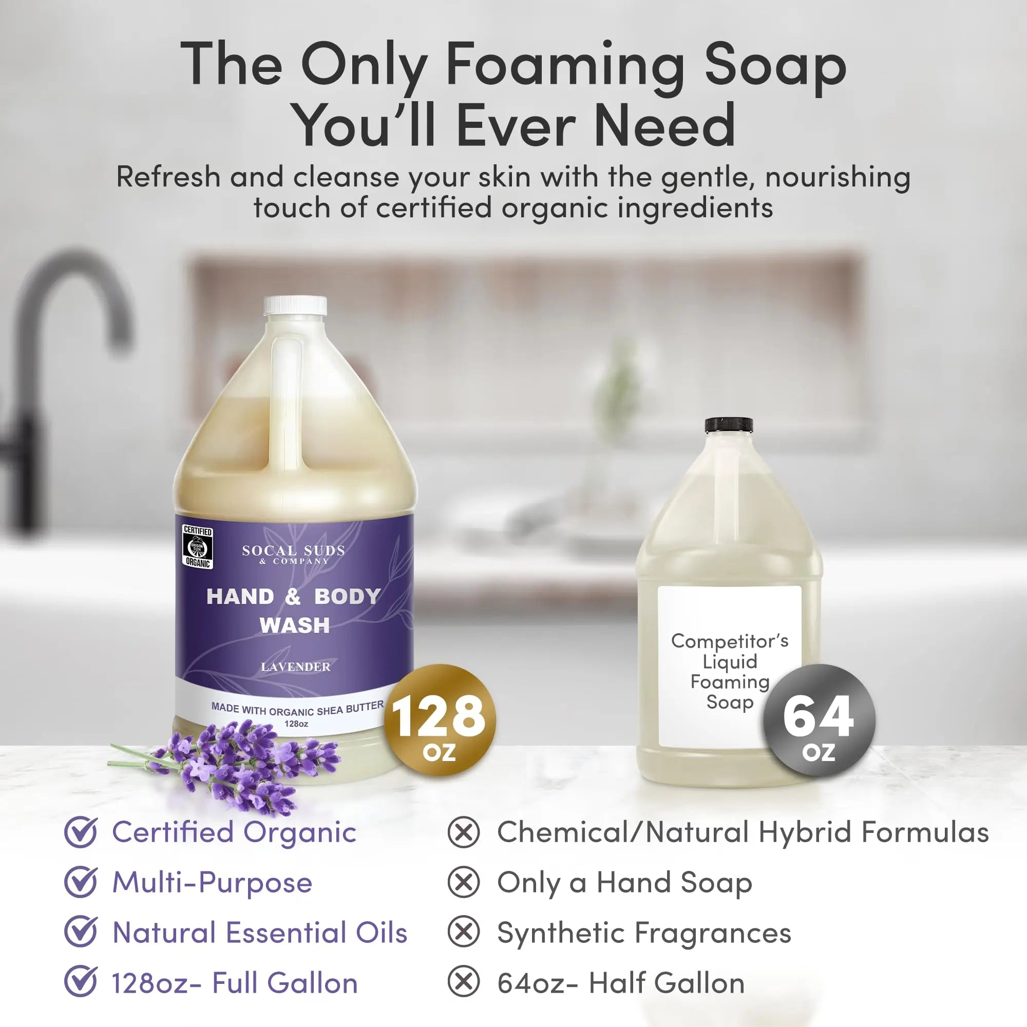 128oz Certified Organic Hand & Body Wash w/ Shea Butter - Gentle Natural Body, Baby & Face Wash for Sensitive Skin -  Moisturizing Thick Castile Soap, Hand Soap and More - Lavender