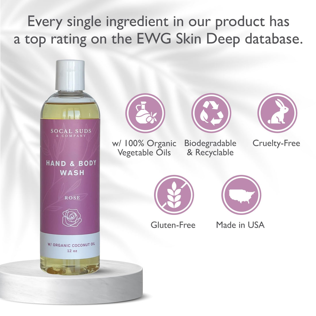 SoCal Suds &amp; Company 12oz Organic Soap Liquid, Gentle Hand &amp; Body Wash - Organic Body Wash for Men and Women, Made w/Organic Oils &amp; Coconut Oil, Bath Essentials for All Skin Types - Rose