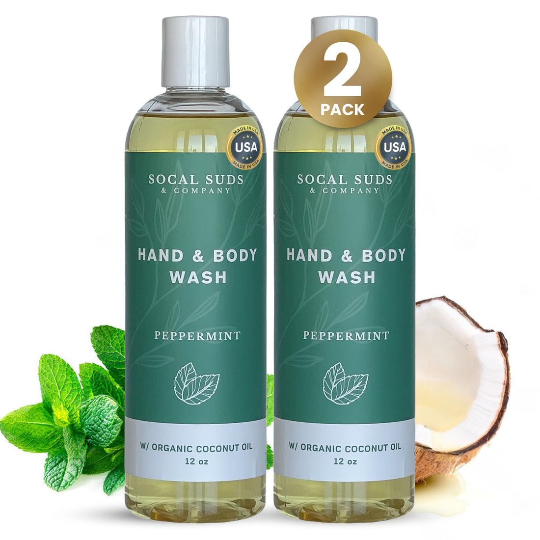 SoCal Suds &amp; Company - 12oz Organic Soap Liquid, Gentle Hand &amp; Body Wash, Organic Body Wash for Men and Women, Made w/Organic Oils &amp; Coconut Oil, Bath Essentials for All Skin Types - 2pk Peppermint