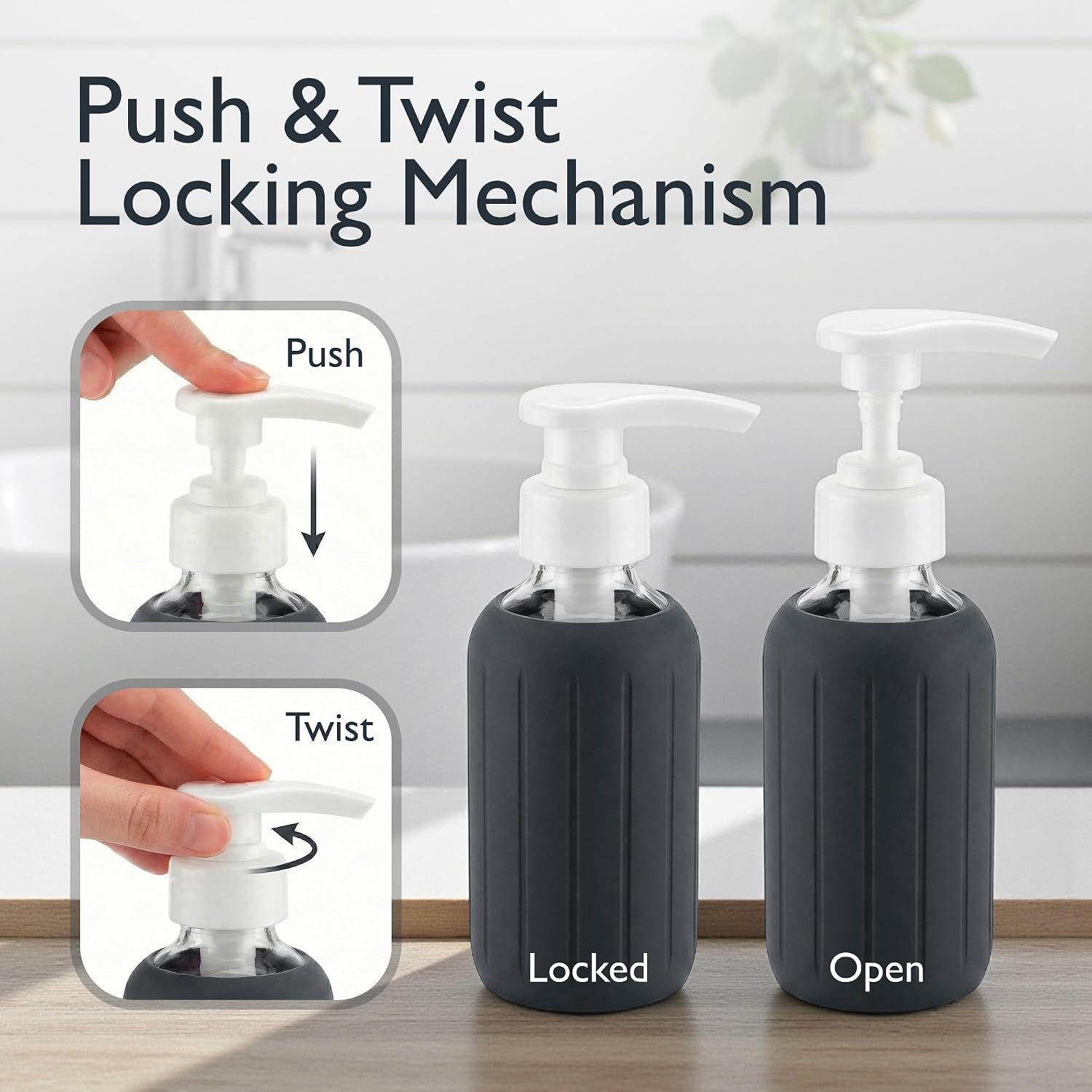8oz Glass Gel Soap Dispenser w/ Soft Silicone Sleeve- Fluted- Charcoal