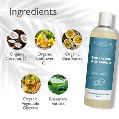 SoCal Suds &amp; Company Baby Body Wash &amp; Shampoo - Shea Moisture for Sensitive Skin - Fragrance Free Hair &amp; Body Soap - Gentle Bath Products for Toddlers &amp; Babies - 1 Pack Fragrance Free 12oz Bottles