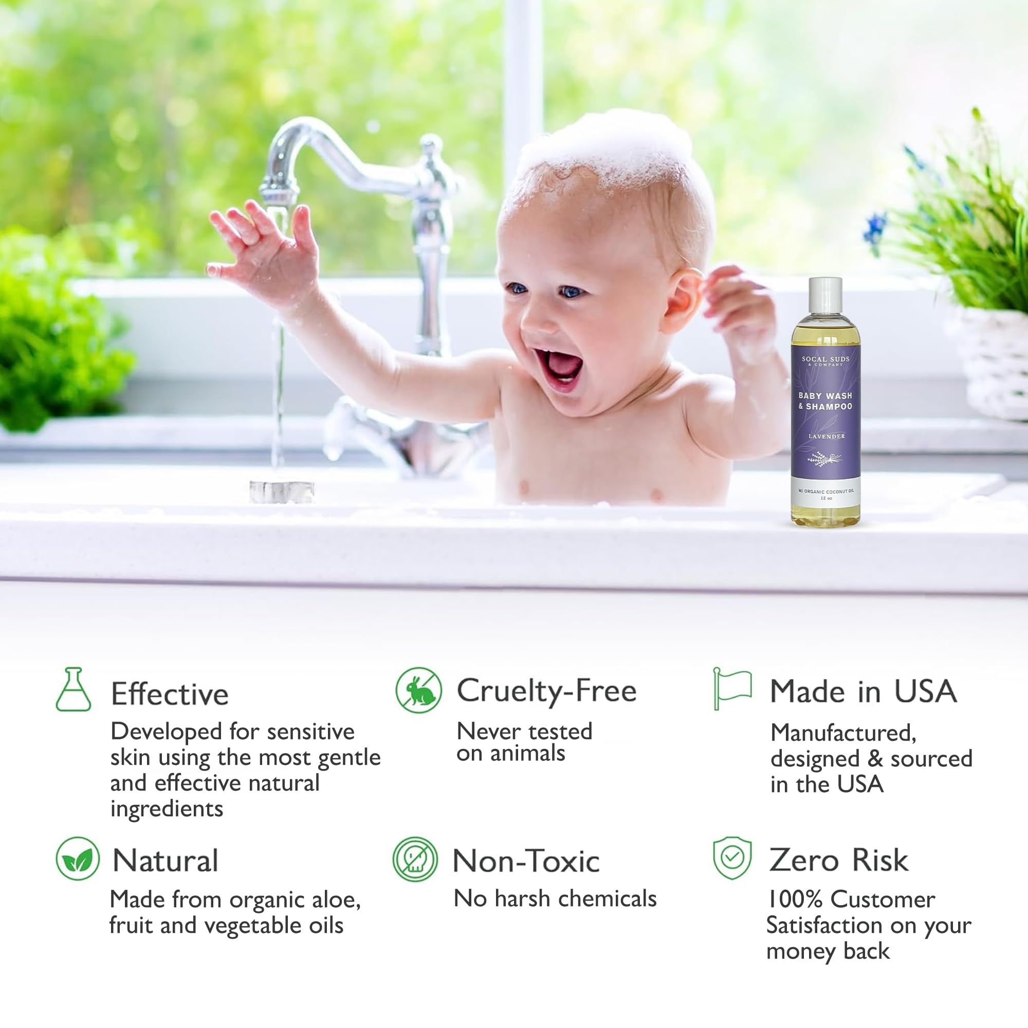SoCal Suds &amp; Company Baby Shampoo &amp; Body Wash, 2-in-1 Organic Gel - Gentle Castile Soap with Vitamin-Infused Oils &amp; Botanicals - Natural Care for Sensitive Skin &amp; Body Hypoallergenic - 12oz Lavender