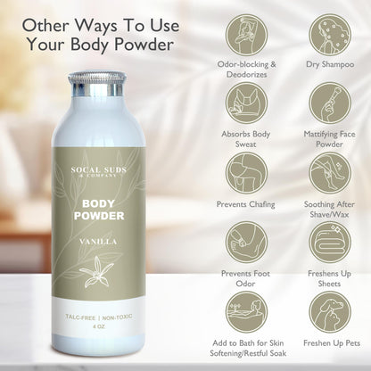 SoCal Suds &amp; Company Natural Body Powder Talc-Free - with Arrowroot Powder, Kaolin, Aspen Bark Extract for Soft Soothing Delicate Skin - Vanilla 4oz, 1-Pack