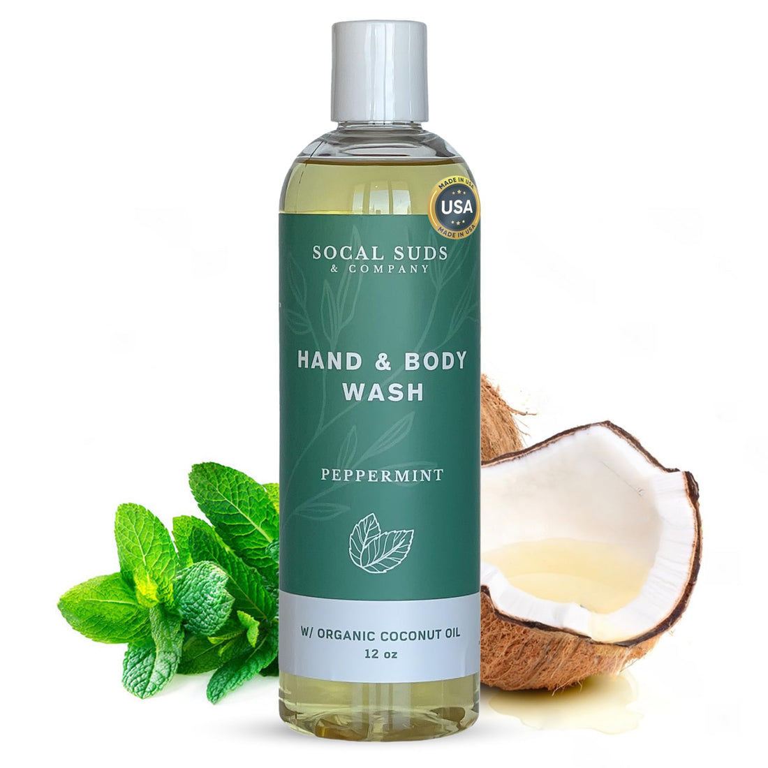 SoCal Suds &amp; Company 12oz Organic Soap Liquid, Gentle Hand &amp; Body Wash - Organic Body Wash for Men and Women, Made w/Organic Oils &amp; Coconut Oil, Bath Essentials for All Skin Types - Peppermint