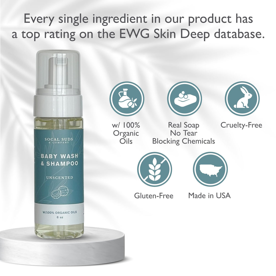 SoCal Suds &amp; Company Gentle Botanical Baby Wash for Sensitive Skin - 2-in-1 Organic Foaming Shampoo &amp; Body Wash - Clean Natural Nourishing Castile Soap Ingredients - Fragrance Free, 6 oz (Pack of 2)