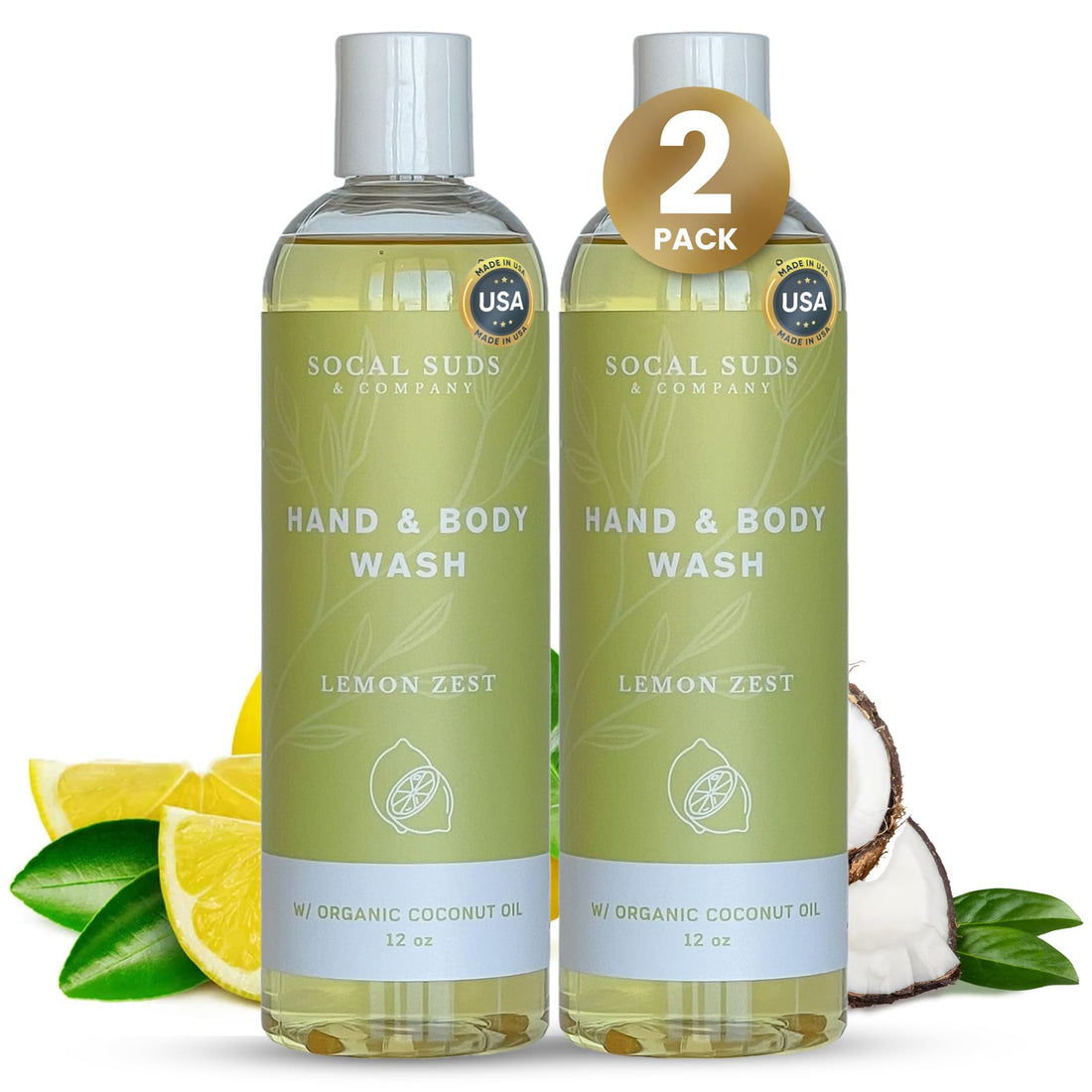 SoCal Suds &amp; Company - 12oz Organic Soap Liquid, Gentle Hand &amp; Body Wash, Organic Body Wash for Men and Women, Made w/Organic Oils &amp; Coconut Oil, Bath Essentials for All Skin Types - 2pk Lemon Zest