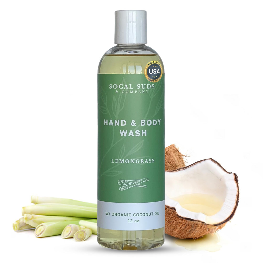SoCal Suds &amp; Company 12oz Organic Soap Liquid, Gentle Hand &amp; Body Wash - Organic Body Wash for Men and Women, Made w/Organic Oils &amp; Coconut Oil, Bath Essentials for All Skin Types - Lemongrass