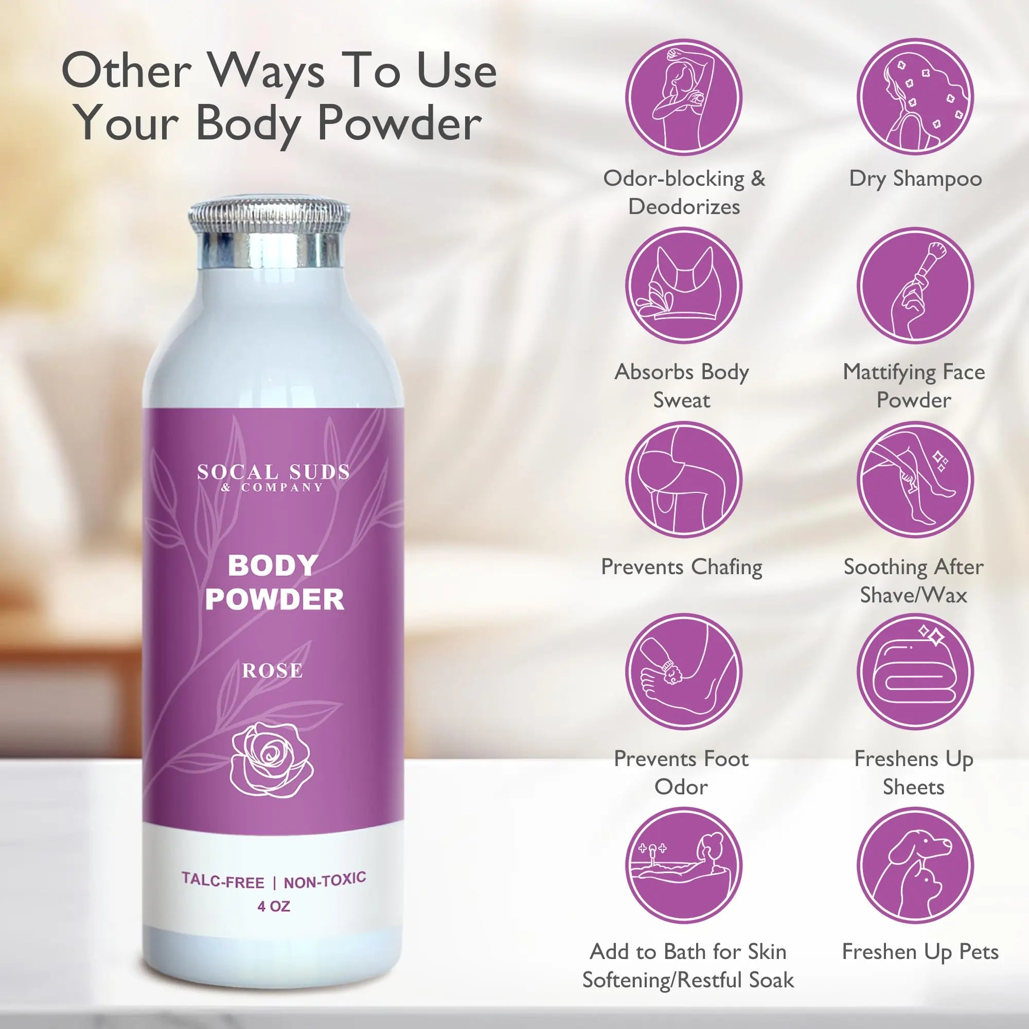 Natural Body Powder Talc-Free - with Arrowroot Powder, Kaolin, Aspen Bark Extract for Soft Soothing Delicate Skin - Rose 4oz, 1-Pack