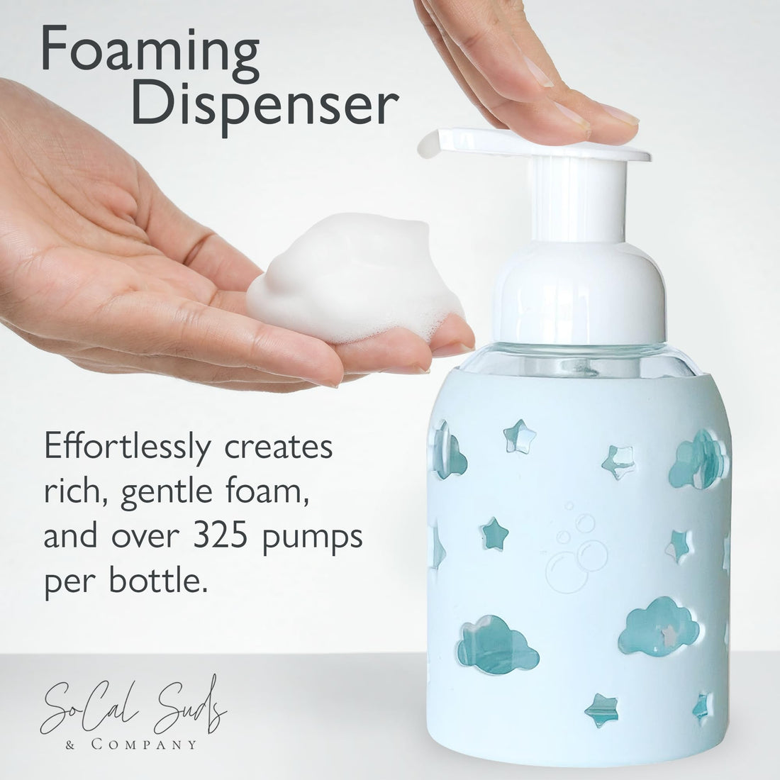 SoCal Suds &amp; Company Glass Bottle Foaming Soap Dispenser - Soft Grip Silicone Sleeve, Refillable Pump Bottle for Kids, Baby Wash &amp; Shampoo, Hand Soap Dispenser, Ideal for Home Use, Light Blue 8oz
