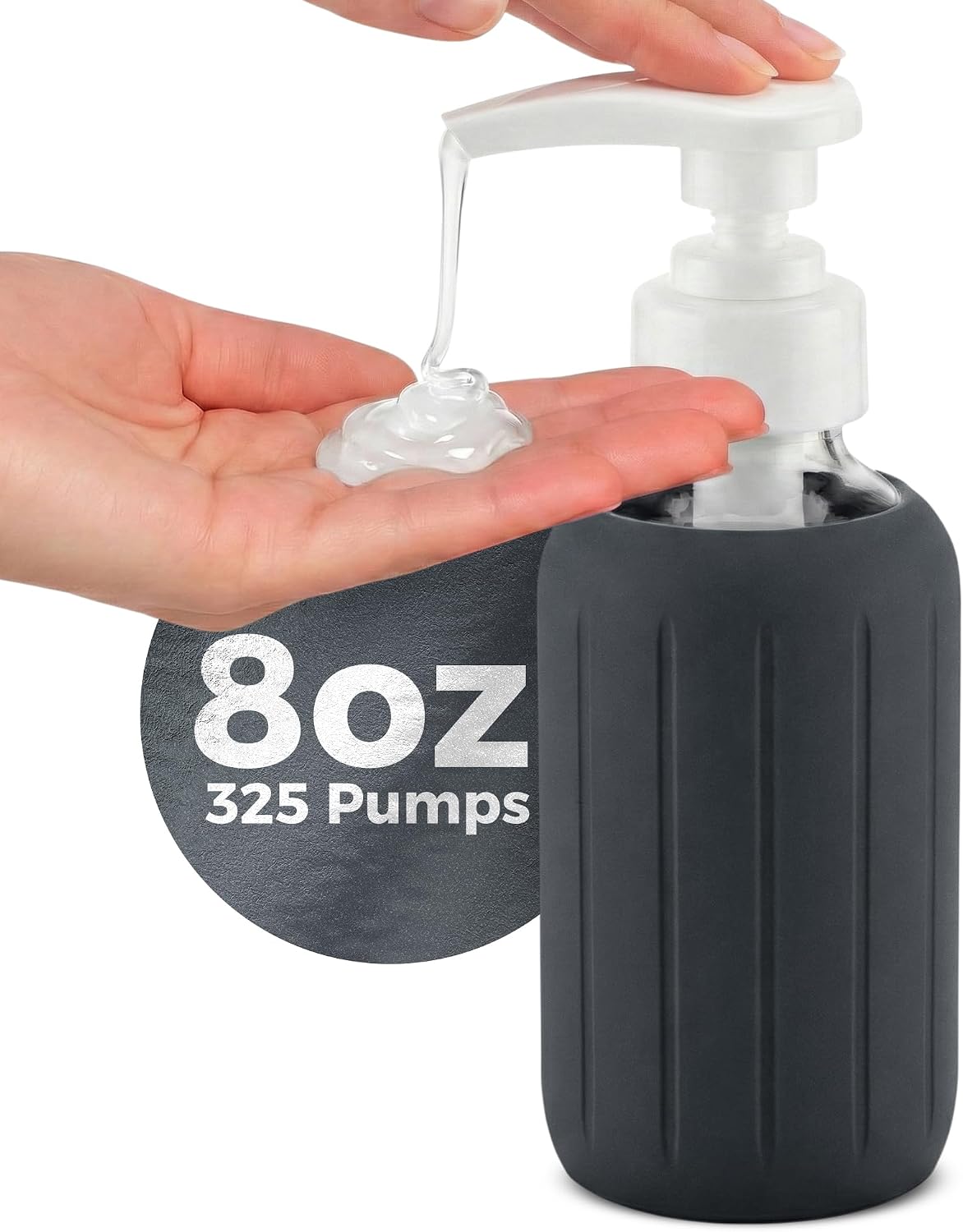 8oz Glass Gel Soap Dispenser w/ Soft Silicone Sleeve- Fluted- Charcoal