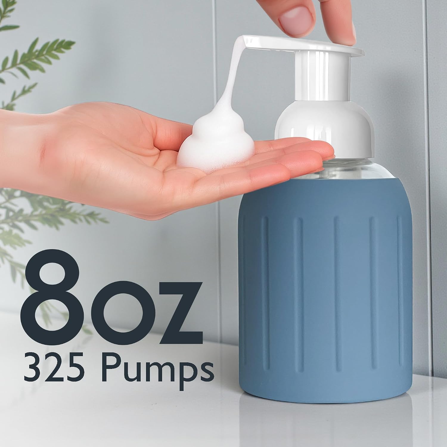 8oz Glass Foaming Soap Dispenser w/ Soft Silicone Sleeve- Fluted- Slate Blue
