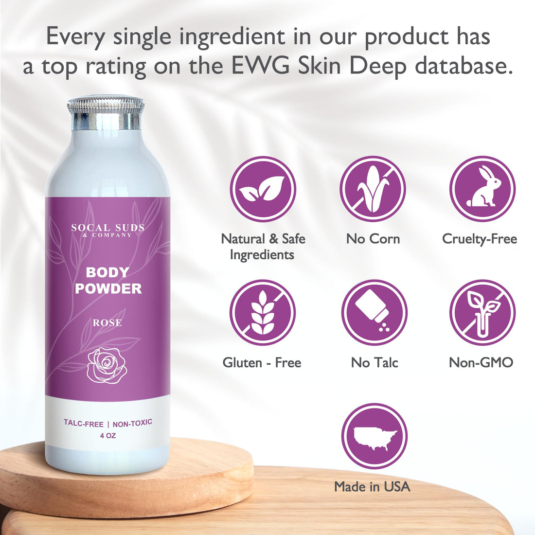 SoCal Suds &amp; Company Natural Body Powder Talc-Free - with Arrowroot Powder, Kaolin, Aspen Bark Extract for Soft Soothing Delicate Skin - Rose 4oz, 1-Pack