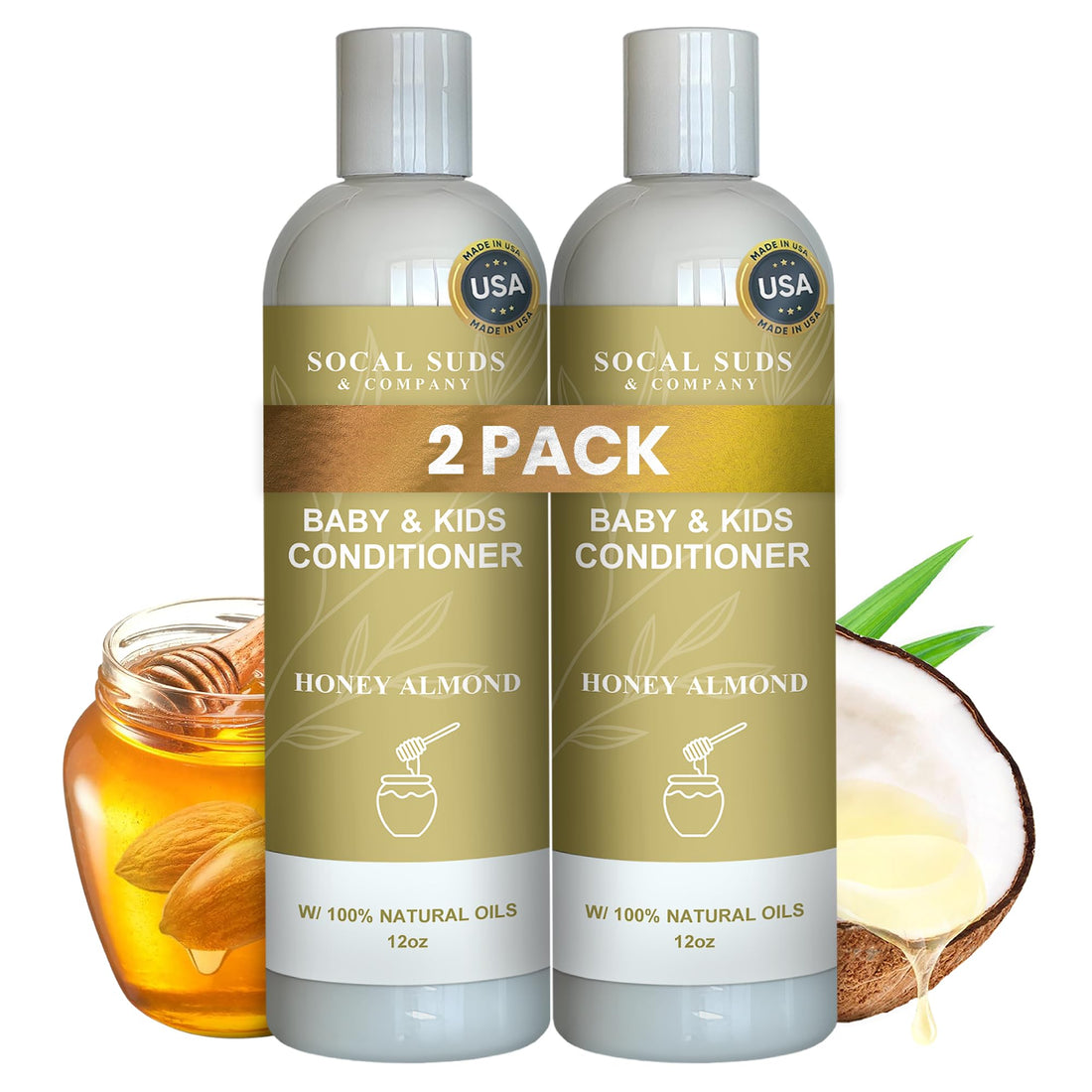 SoCal Suds &amp; Company Organic Baby &amp; Kids Conditioner - Gentle Natural Vitamin Rich Ingredient Organic Oils for Babies and Kids Sensitive Scalp - 12oz (12 Fl Oz (Pack of 2), Honey Almond)