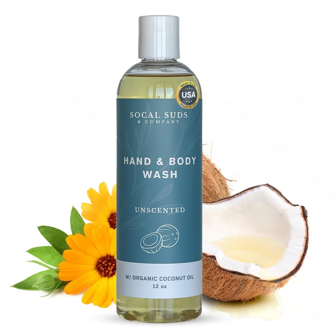 SoCal Suds &amp; Company 12oz Organic Soap Liquid, Gentle Hand &amp; Body Wash - Organic Body Wash for Men and Women, Made w/Organic Oils &amp; Coconut Oil, Bath Essentials for All Skin Types - Fragrance-Free